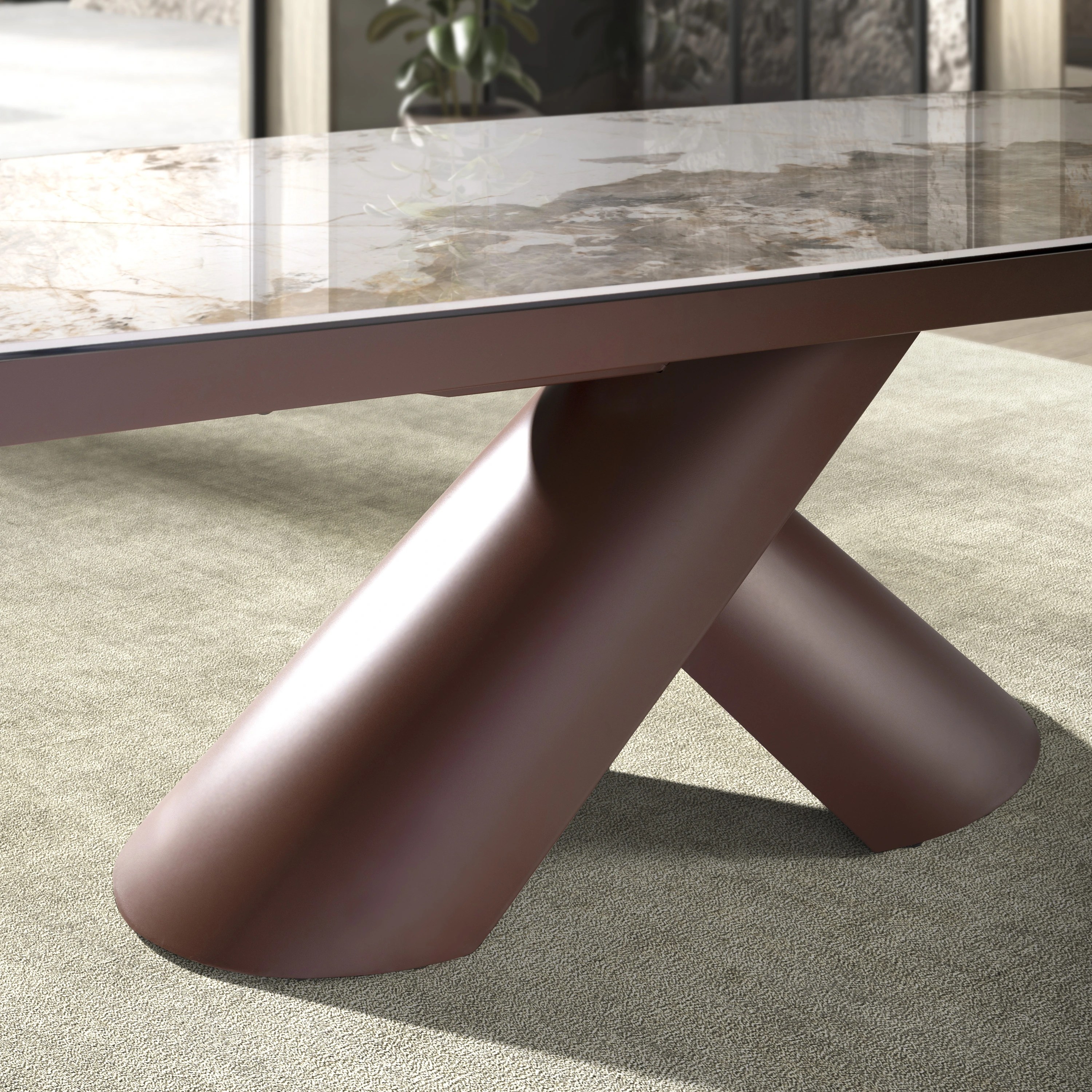 Table de salle à manger extensible ovale tonneau en marbre céramique et acier marron cuivré
