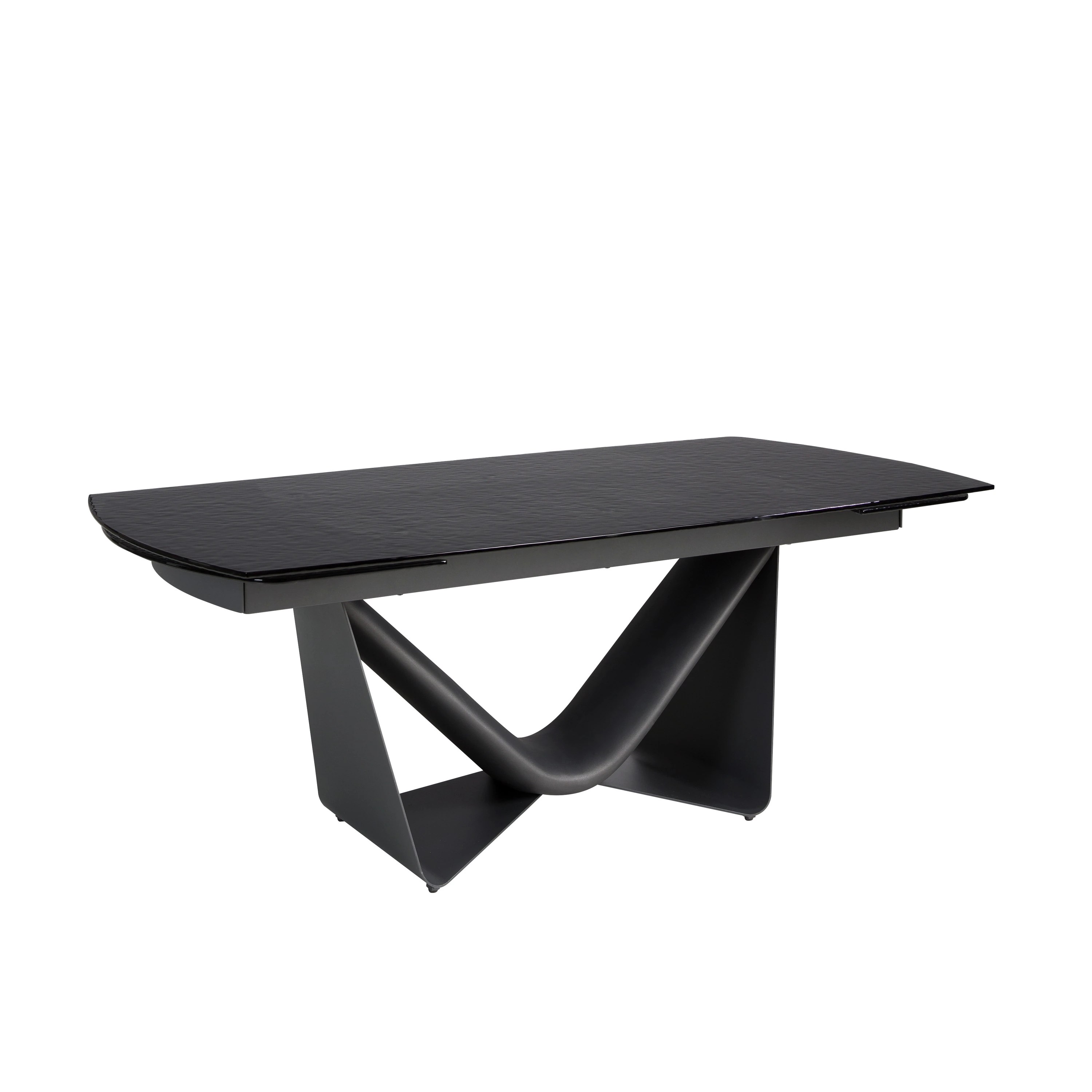 Table de salle à manger extensible ovale tonneau en verre noir, acier, fibre de verre gris foncé et métal