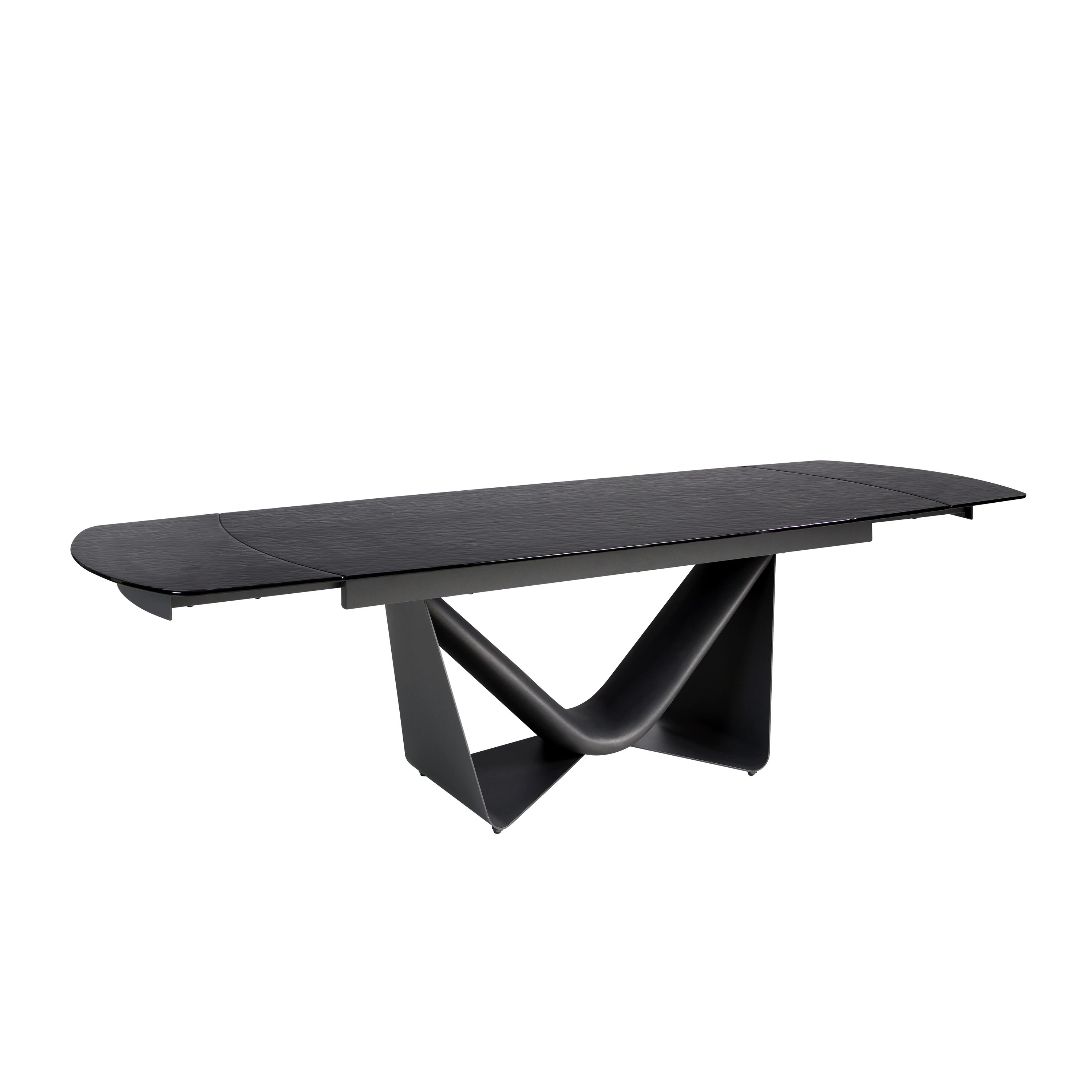 Table de salle à manger extensible ovale tonneau en verre noir, acier, fibre de verre gris foncé et métal
