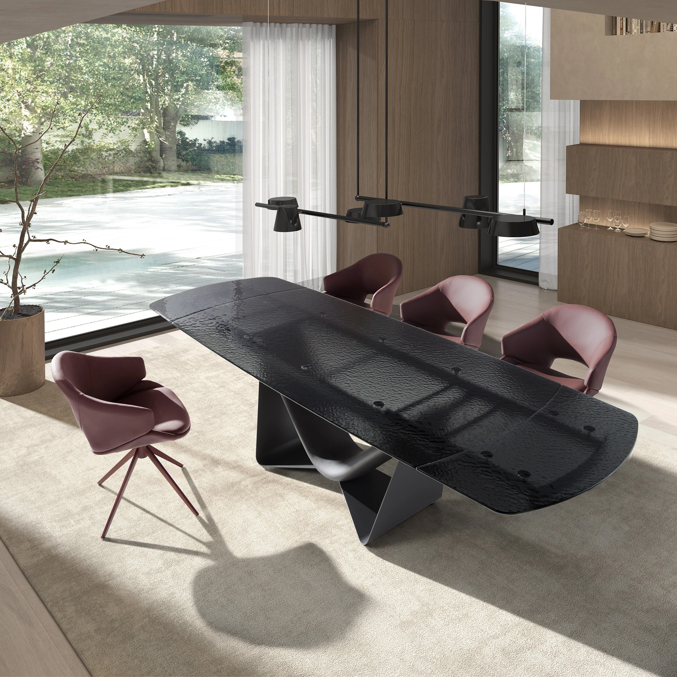 Table de salle à manger extensible ovale tonneau en verre noir, acier, fibre de verre gris foncé et métal