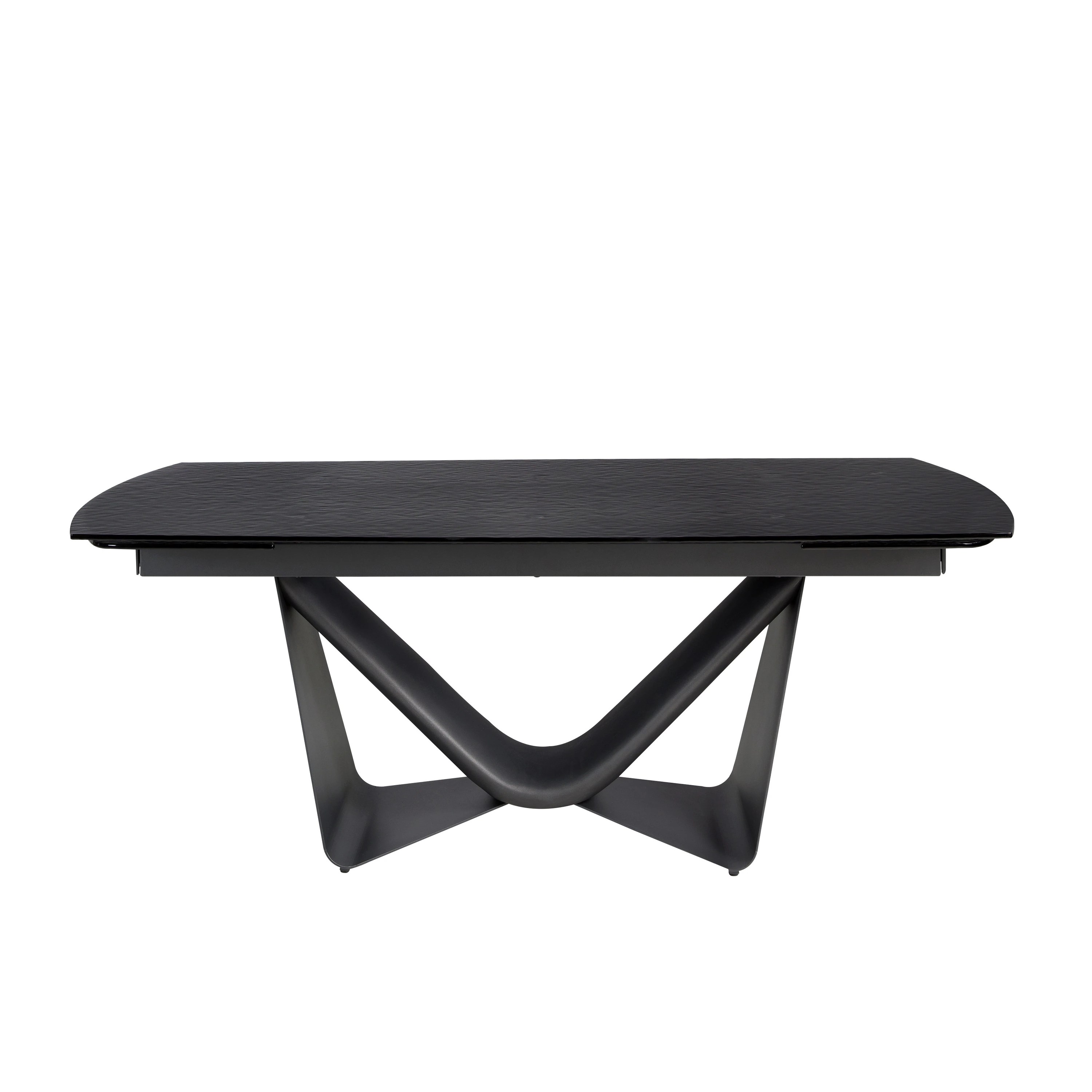 Table de salle à manger extensible ovale tonneau en verre noir, acier, fibre de verre gris foncé et métal