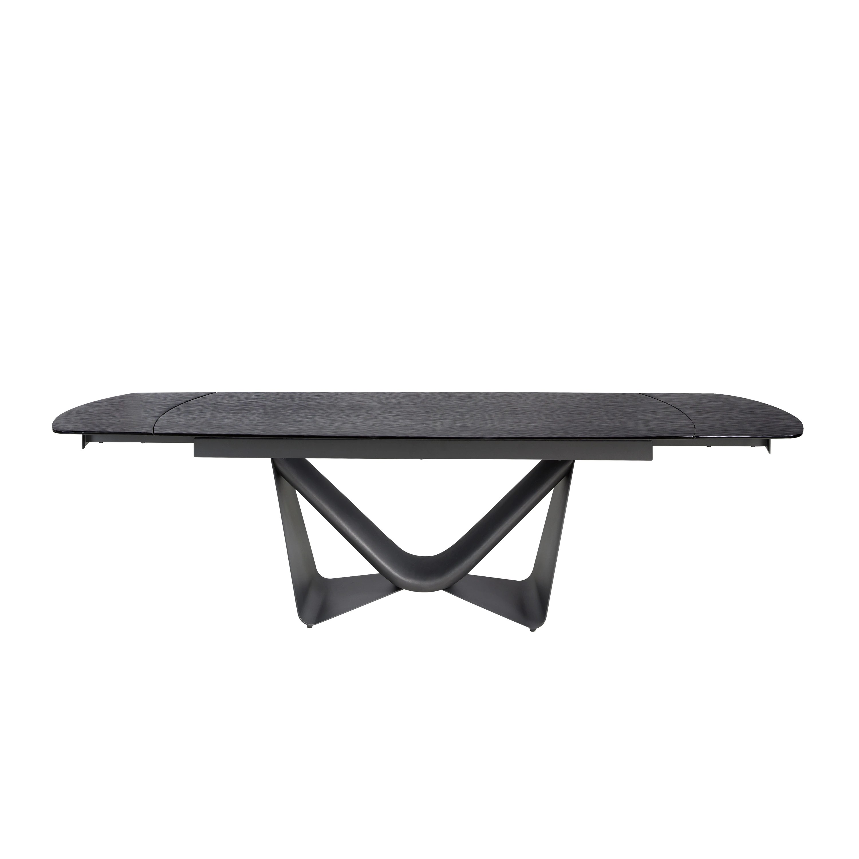 Table de salle à manger extensible ovale tonneau en verre noir, acier, fibre de verre gris foncé et métal