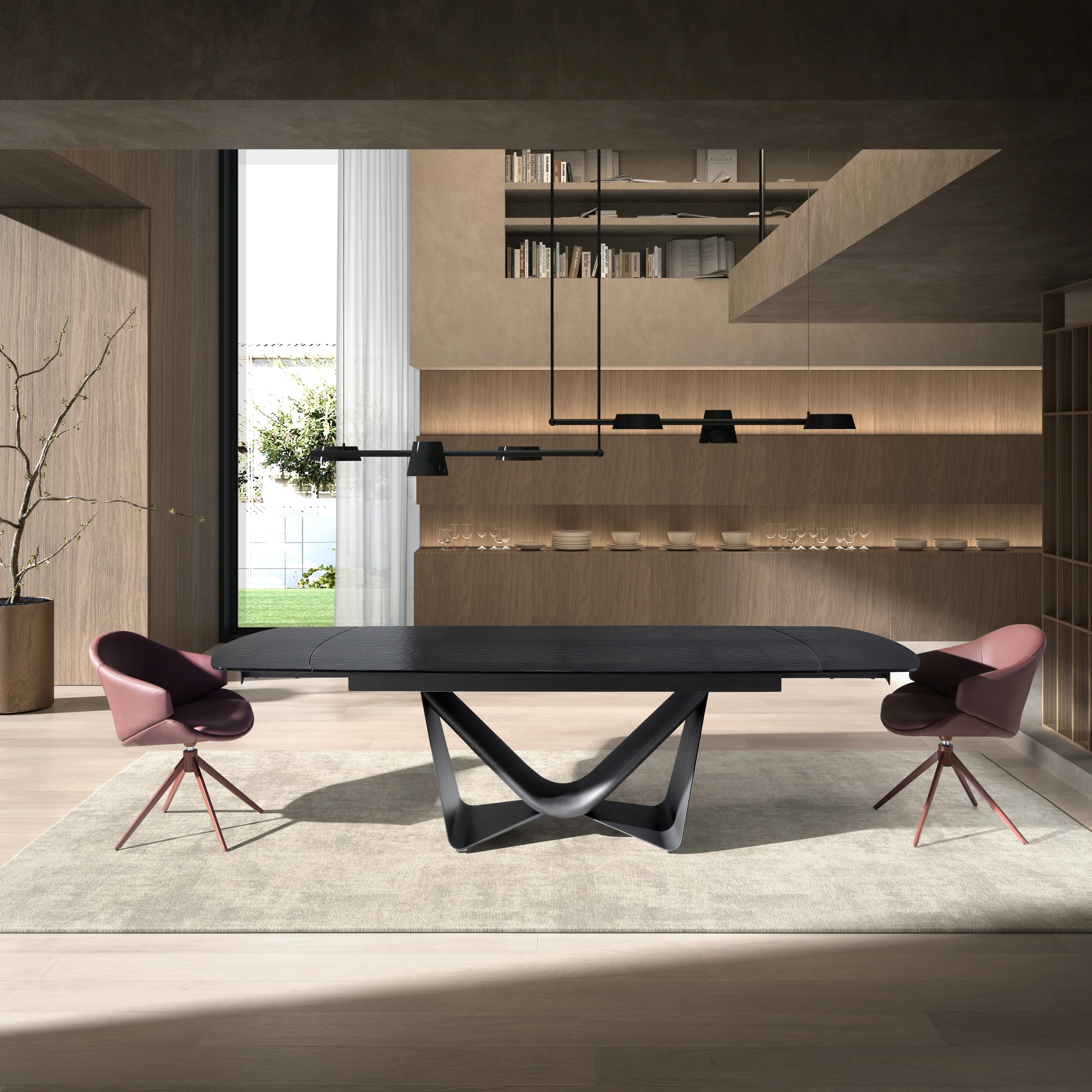 Table de salle à manger extensible ovale tonneau en verre noir, acier, fibre de verre gris foncé et métal
