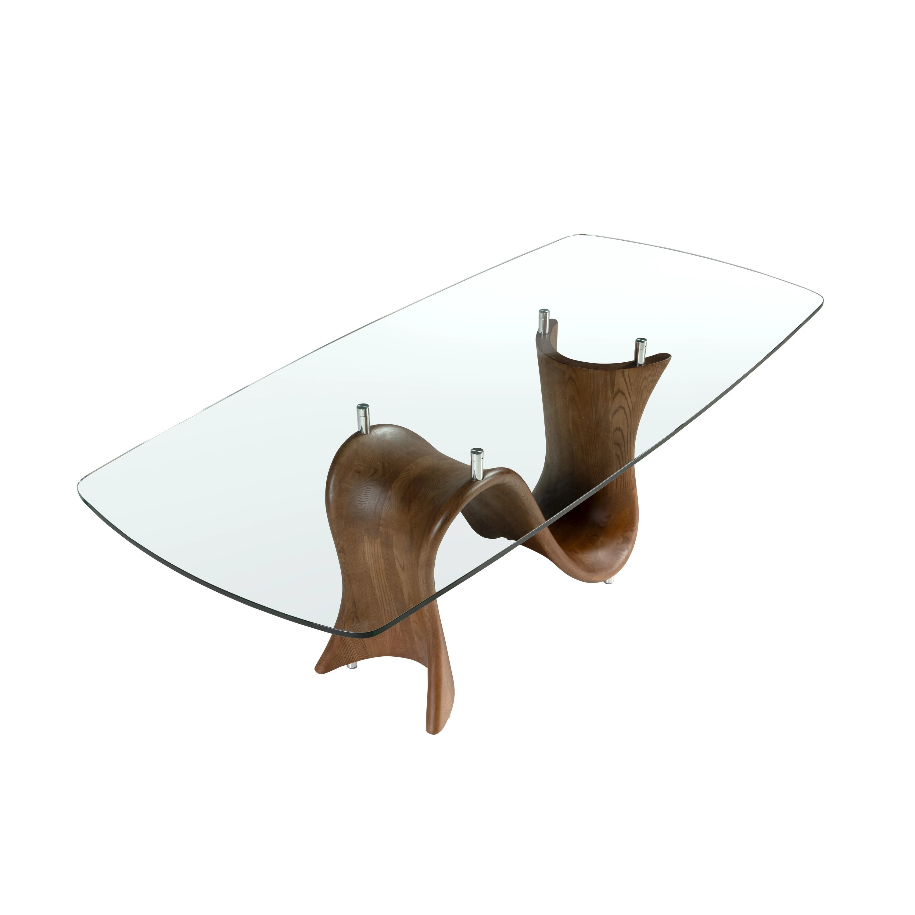 Table à manger ovale en forme de tonneau en verre trempé et noyer