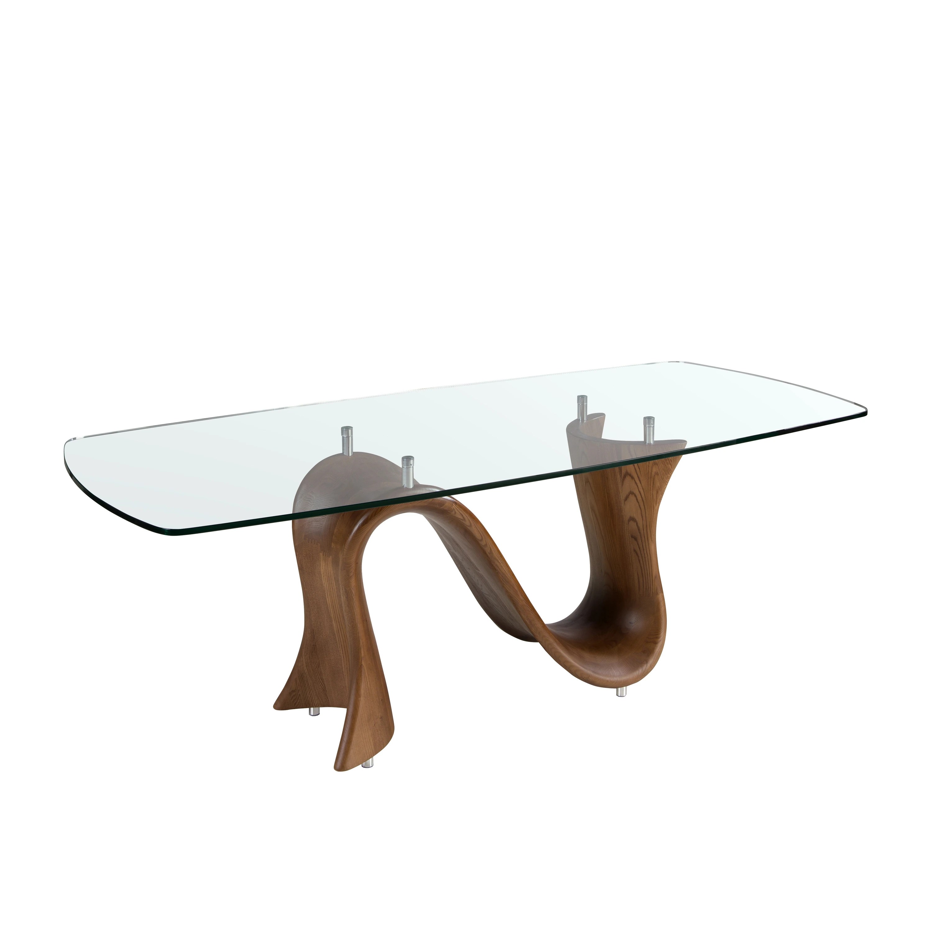 Table à manger ovale en forme de tonneau en verre trempé et noyer