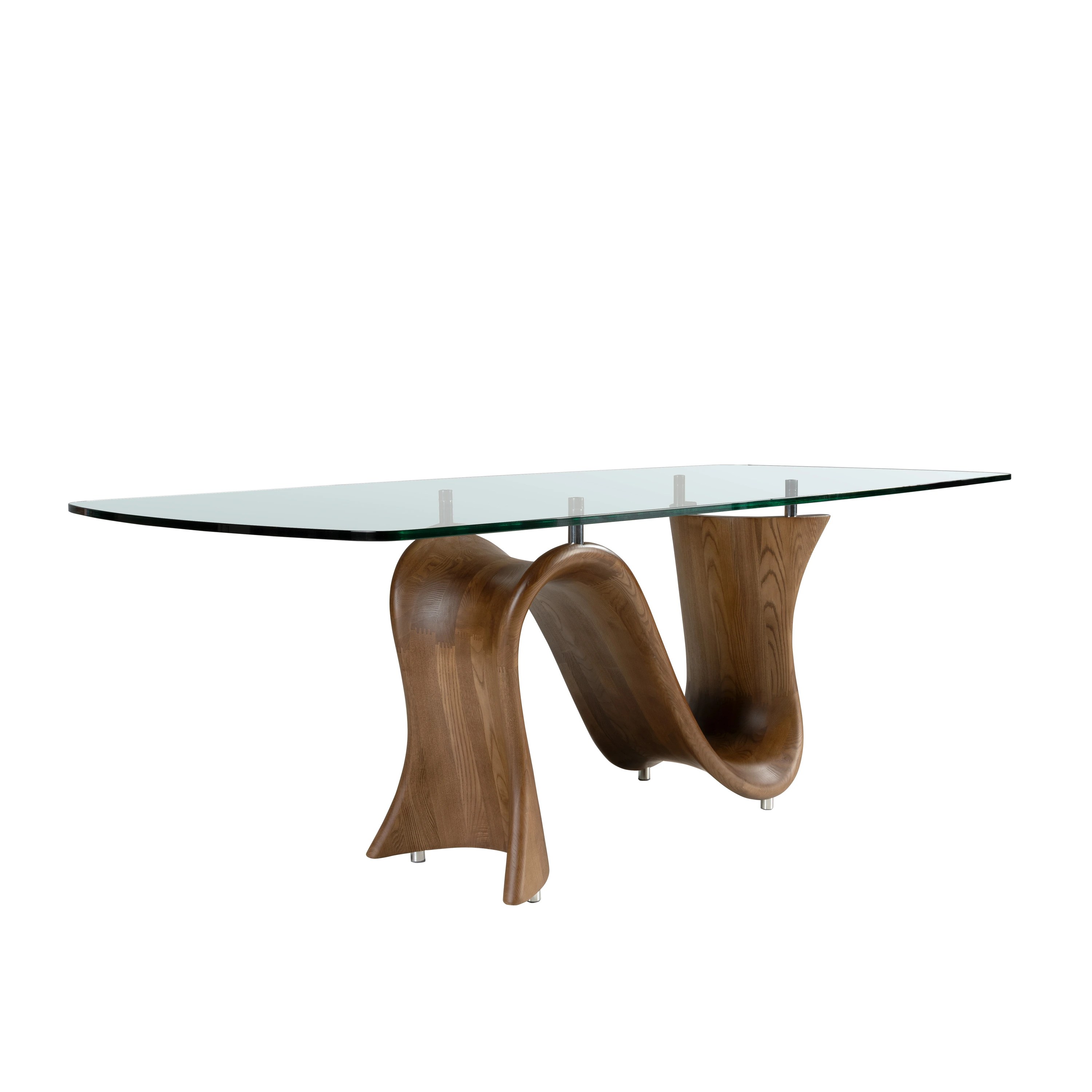 Table à manger ovale en forme de tonneau en verre trempé et noyer