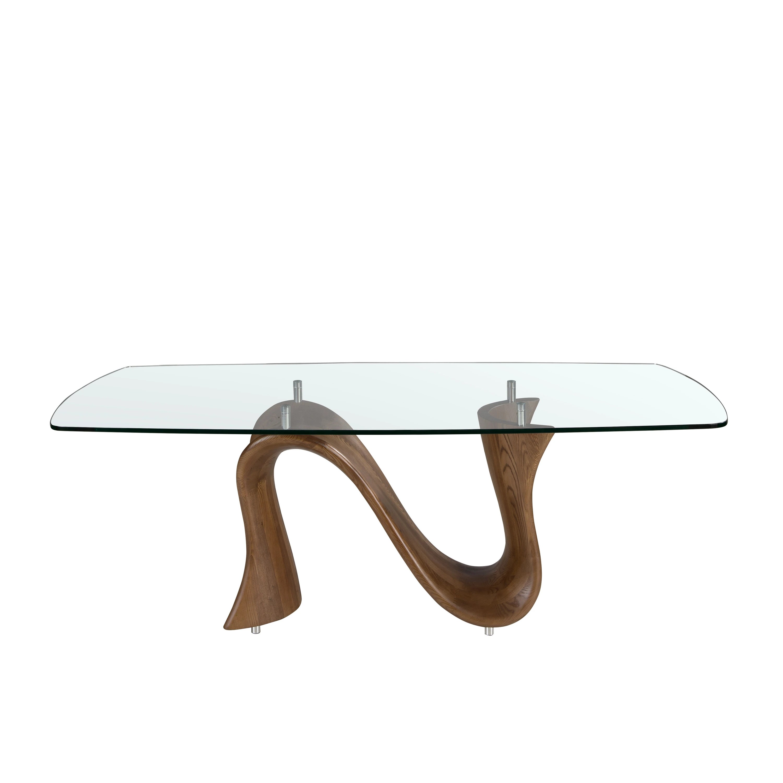Table à manger ovale en forme de tonneau en verre trempé et noyer