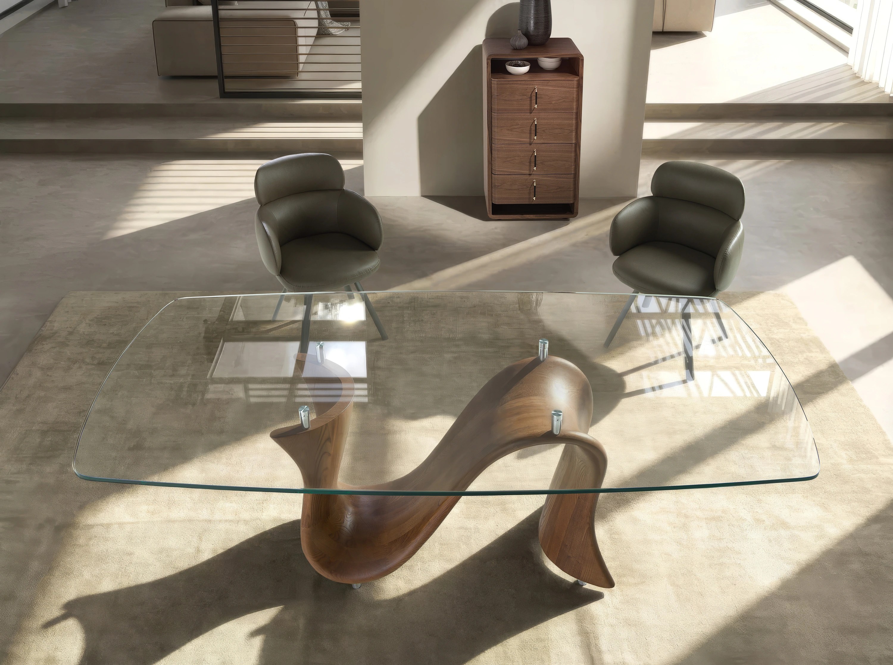 Table à manger ovale en forme de tonneau en verre trempé et noyer