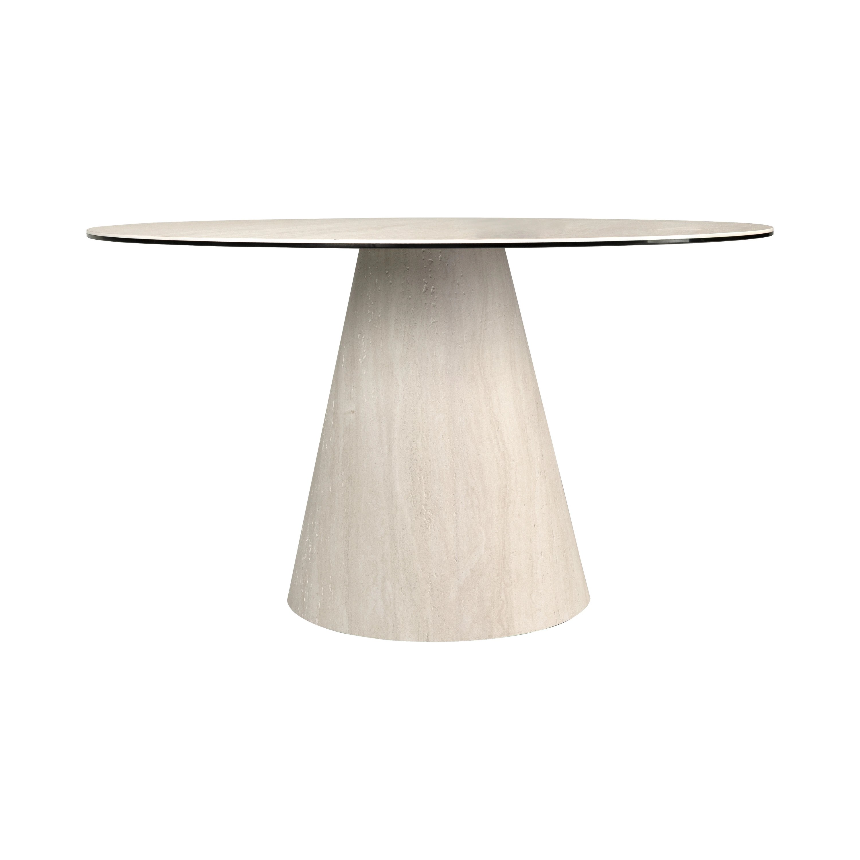 Table à manger ronde en marbre céramique et bois revêtu d’une feuille flexible de marbre céramique