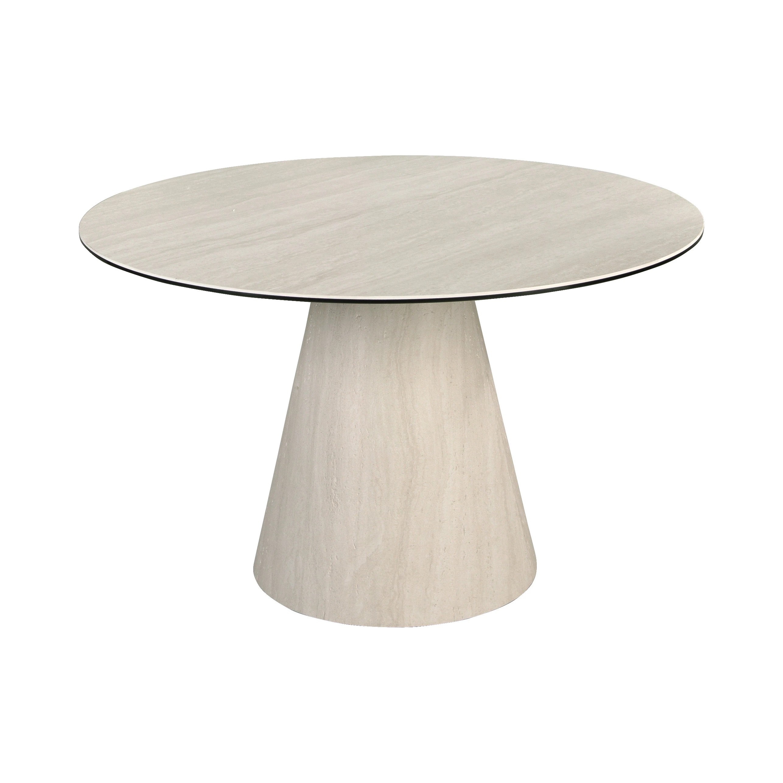 Table à manger ronde en marbre céramique et bois revêtu d’une feuille flexible de marbre céramique