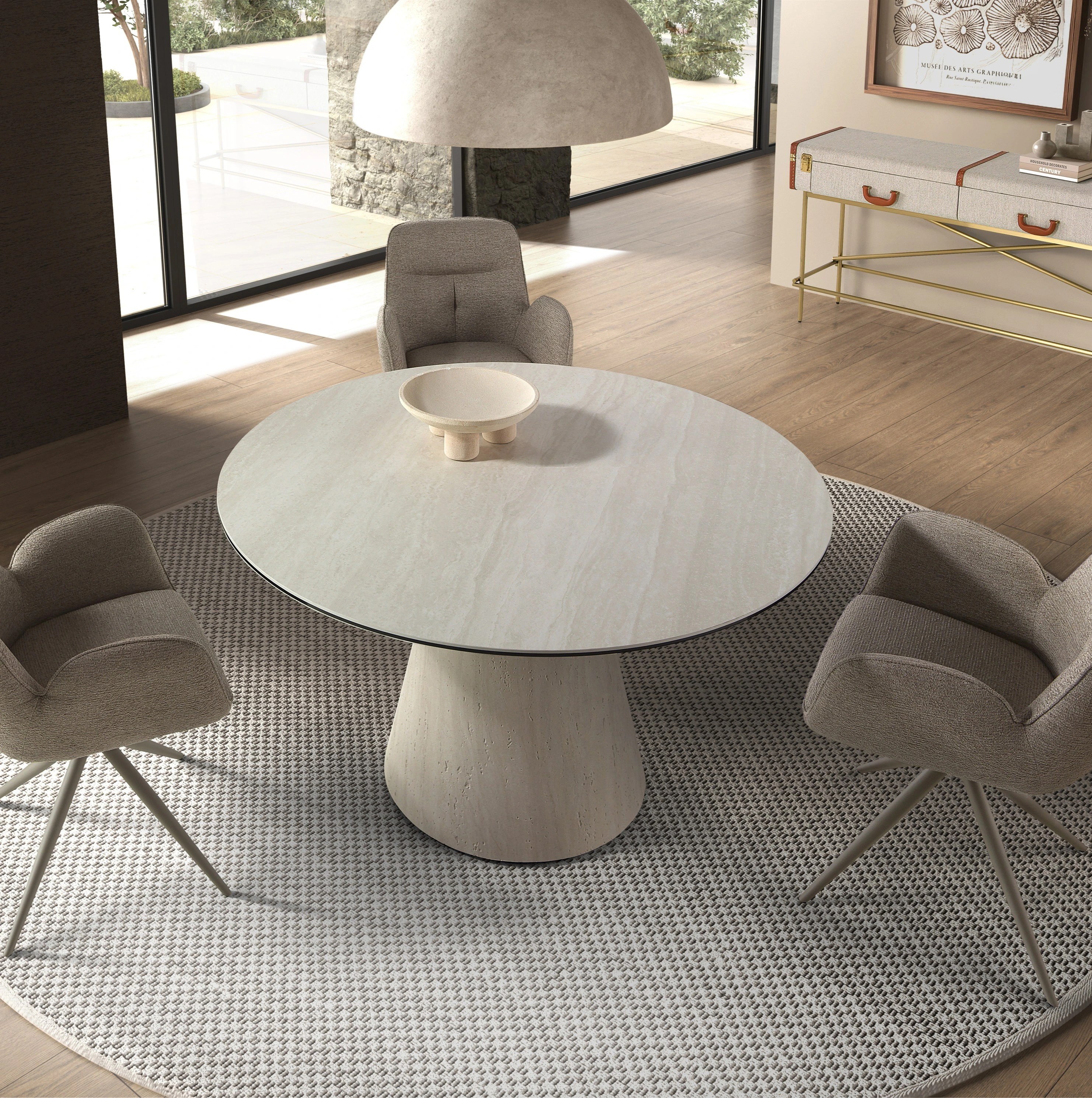Table à manger ronde en marbre céramique et bois revêtu d’une feuille flexible de marbre céramique