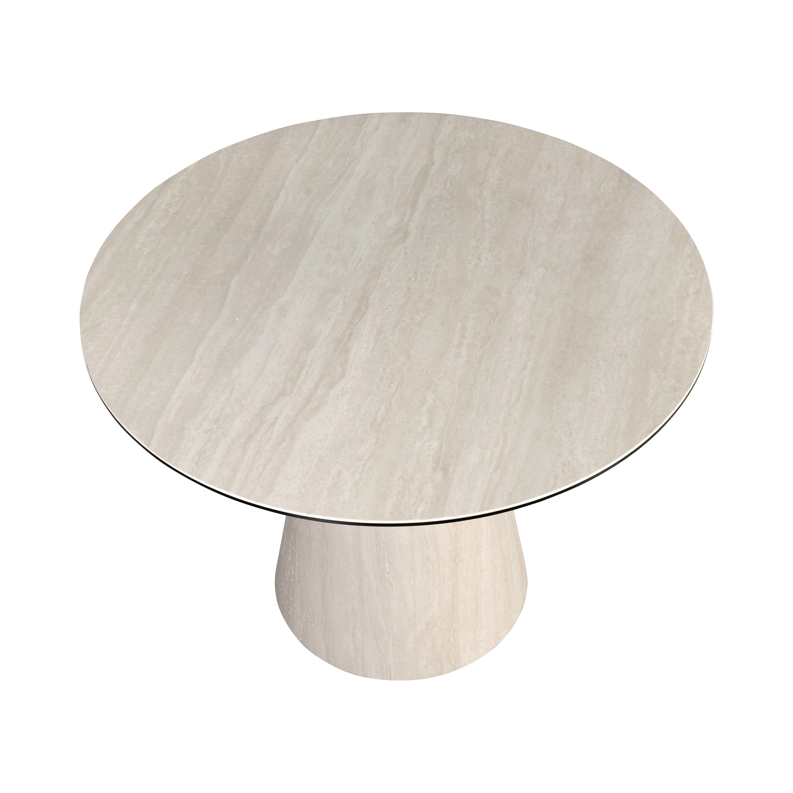 Table à manger ronde en marbre céramique et bois revêtu d’une feuille flexible de marbre céramique