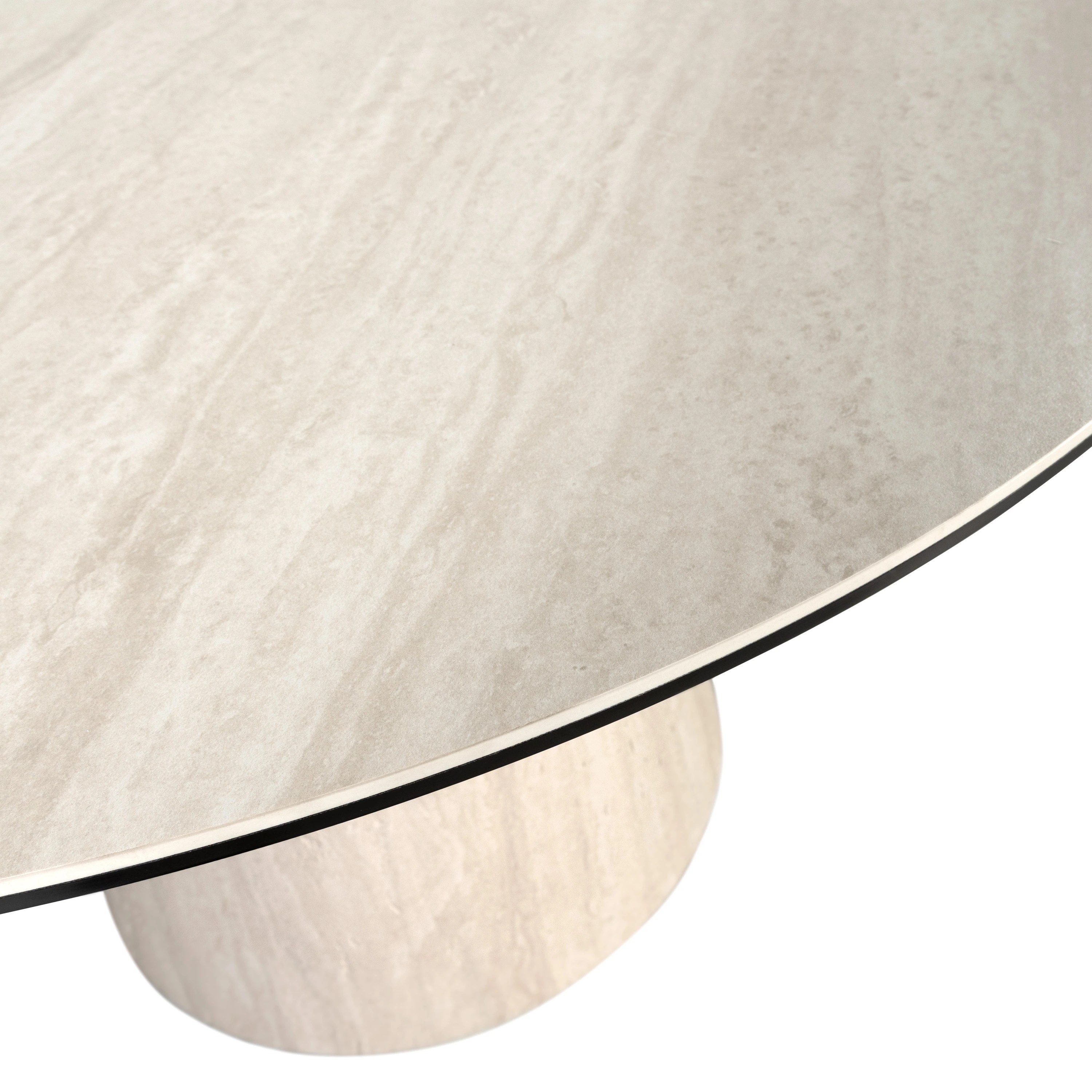 Table à manger ronde en marbre céramique et bois revêtu d’une feuille flexible de marbre céramique