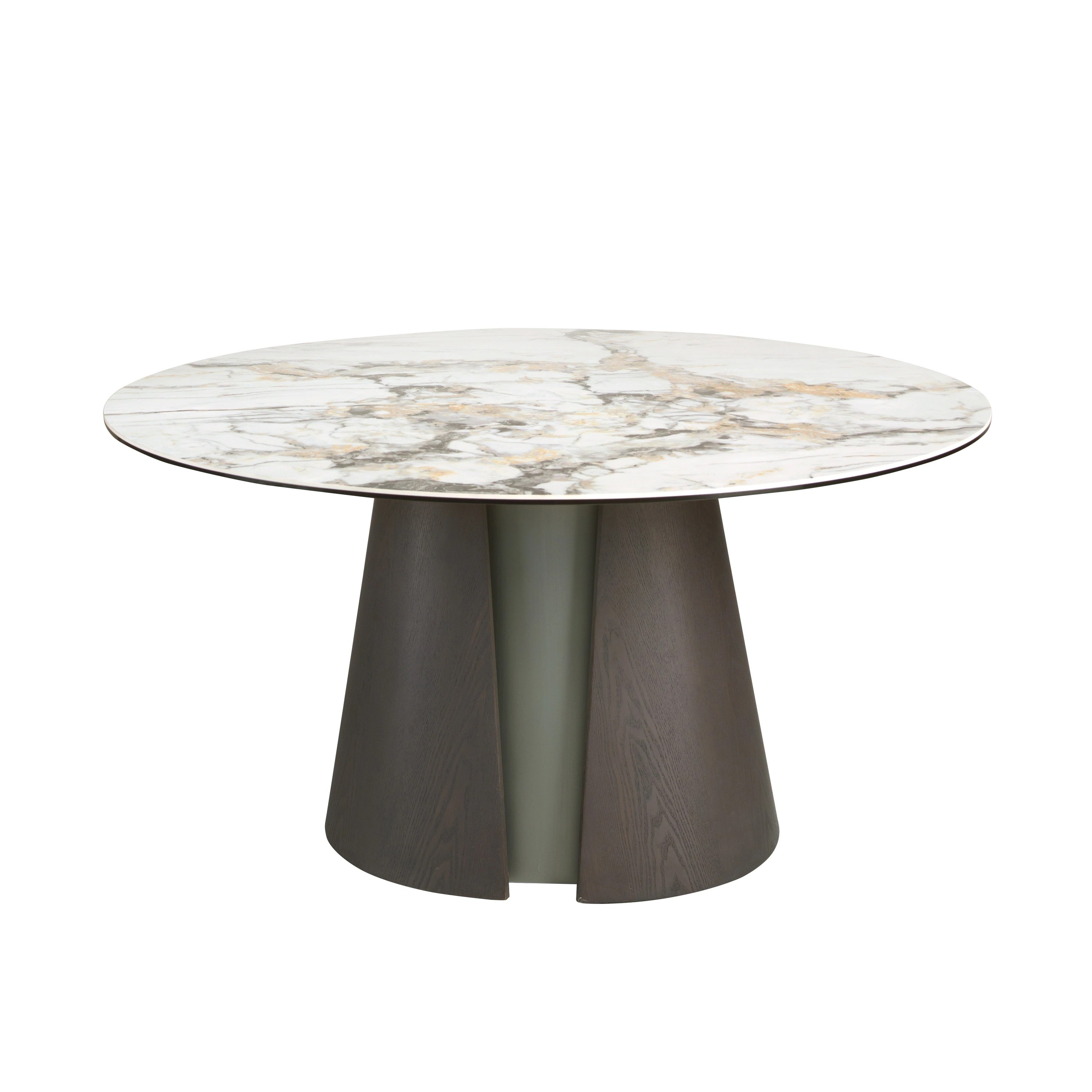 Table de salle à manger ronde en marbre céramique, chêne cendré foncé et bois couleur argent