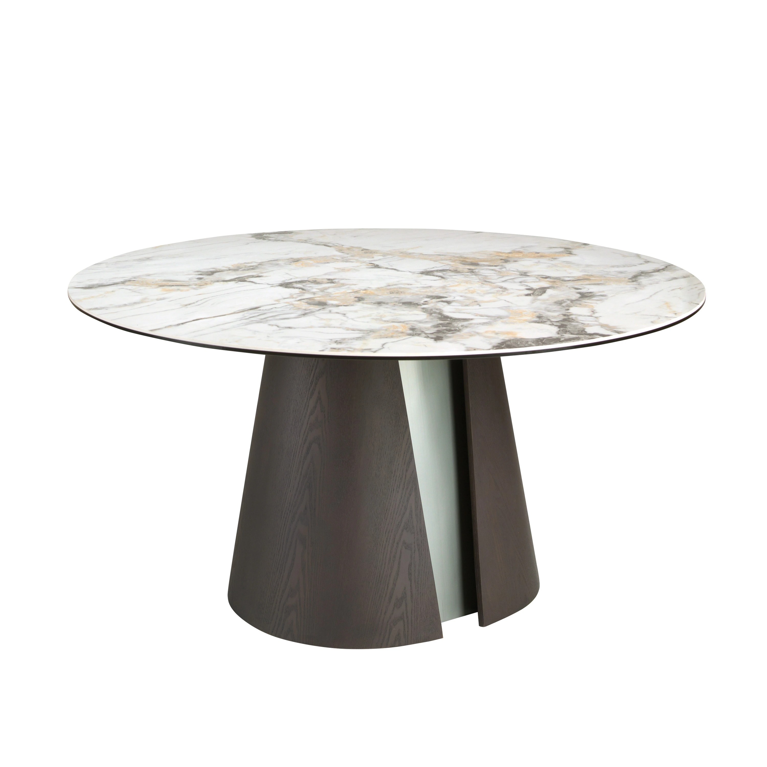 Table de salle à manger ronde en marbre céramique, chêne cendré foncé et bois couleur argent