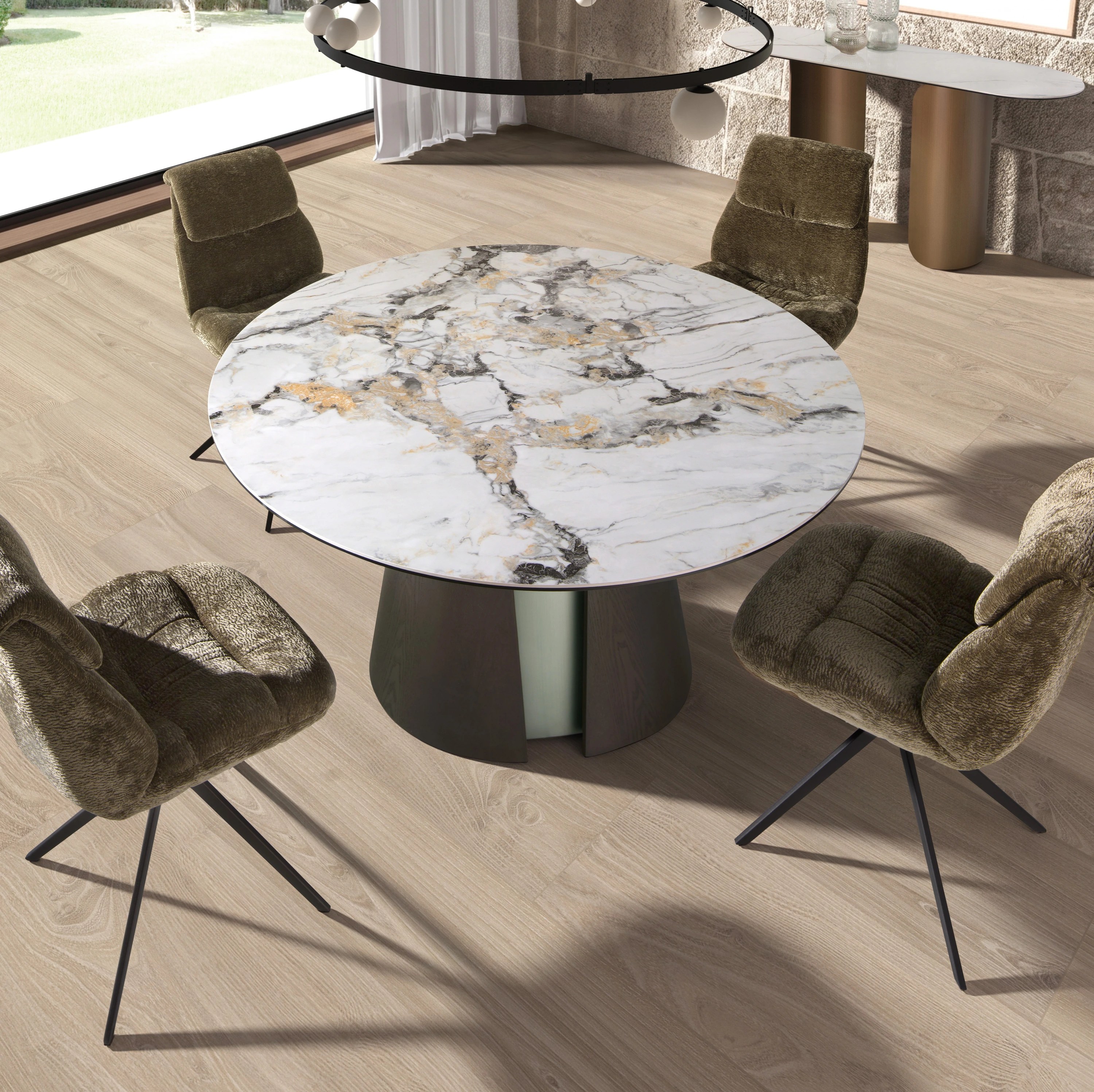 Table de salle à manger ronde en marbre céramique, chêne cendré foncé et bois couleur argent