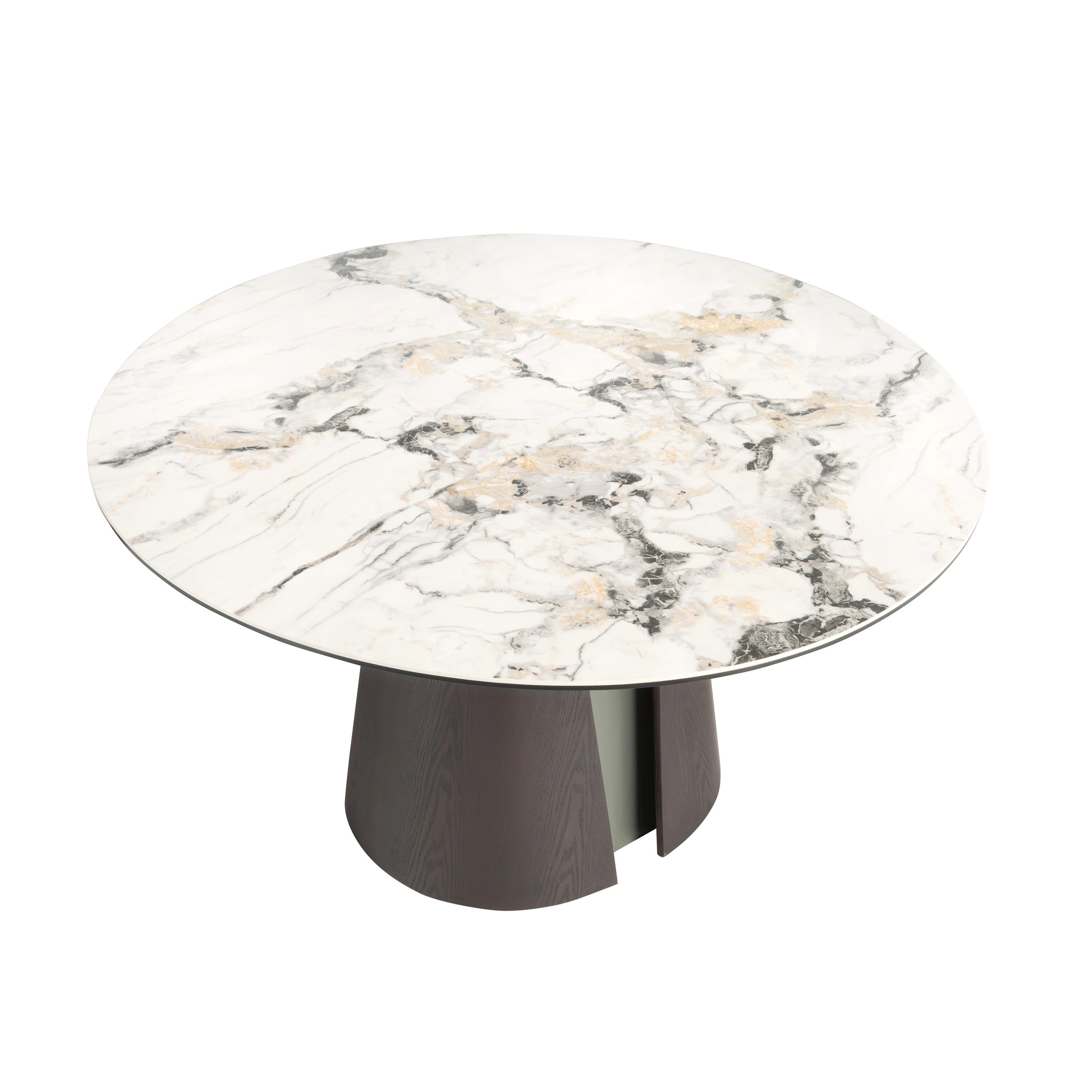 Table de salle à manger ronde en marbre céramique, chêne cendré foncé et bois couleur argent