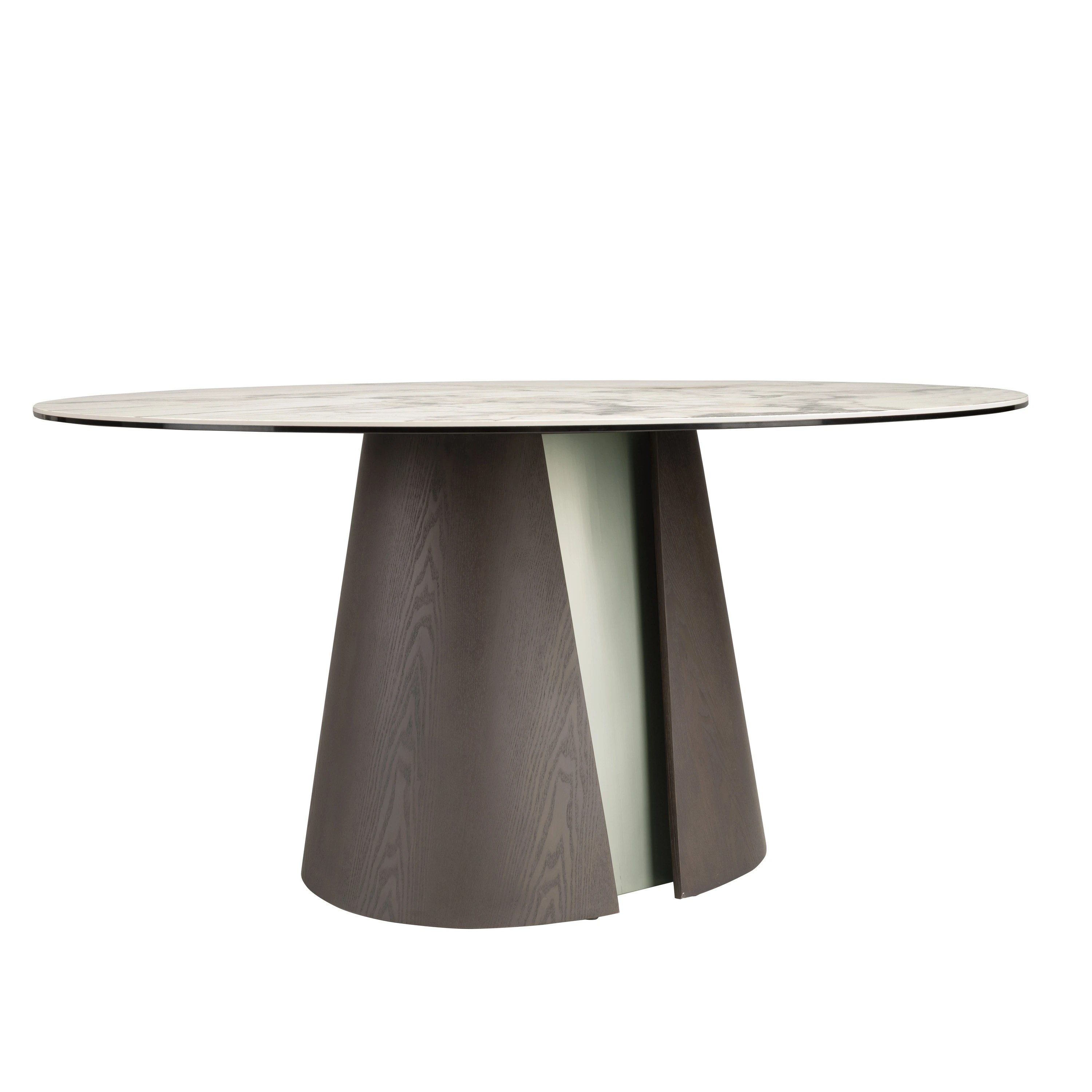 Table de salle à manger ronde en marbre céramique, chêne cendré foncé et bois couleur argent