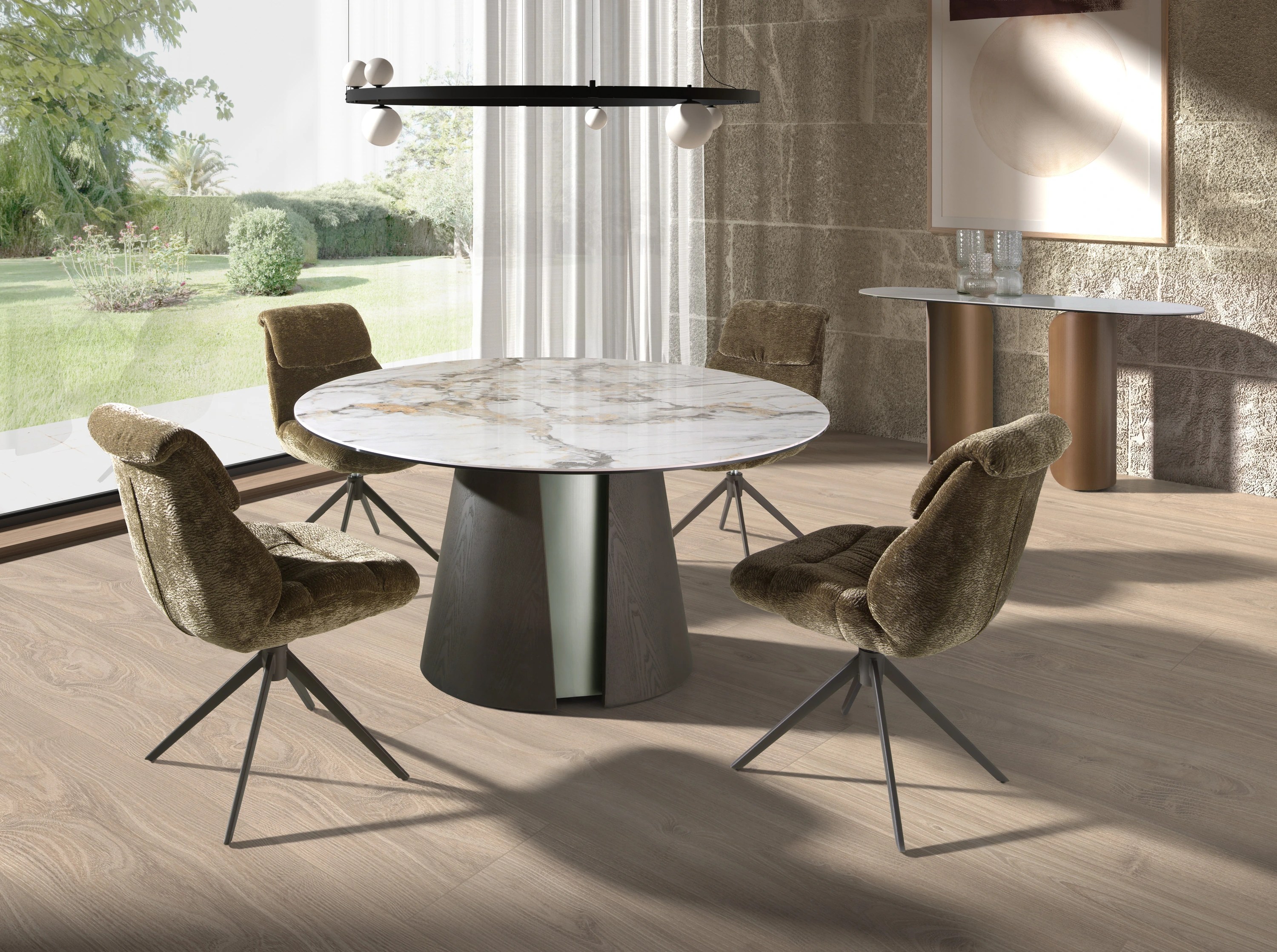 Table de salle à manger ronde en marbre céramique, chêne cendré foncé et bois couleur argent