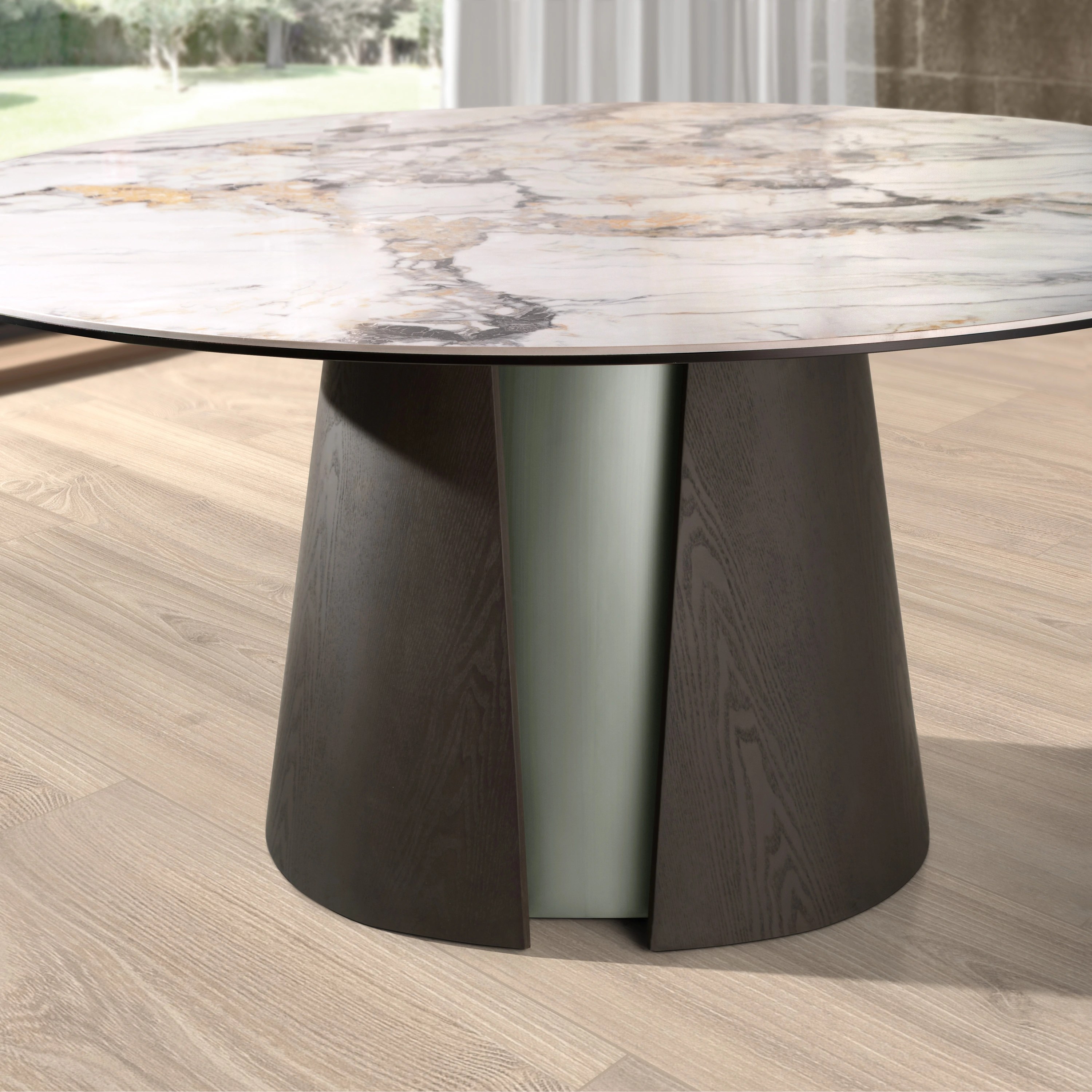 Table de salle à manger ronde en marbre céramique, chêne cendré foncé et bois couleur argent