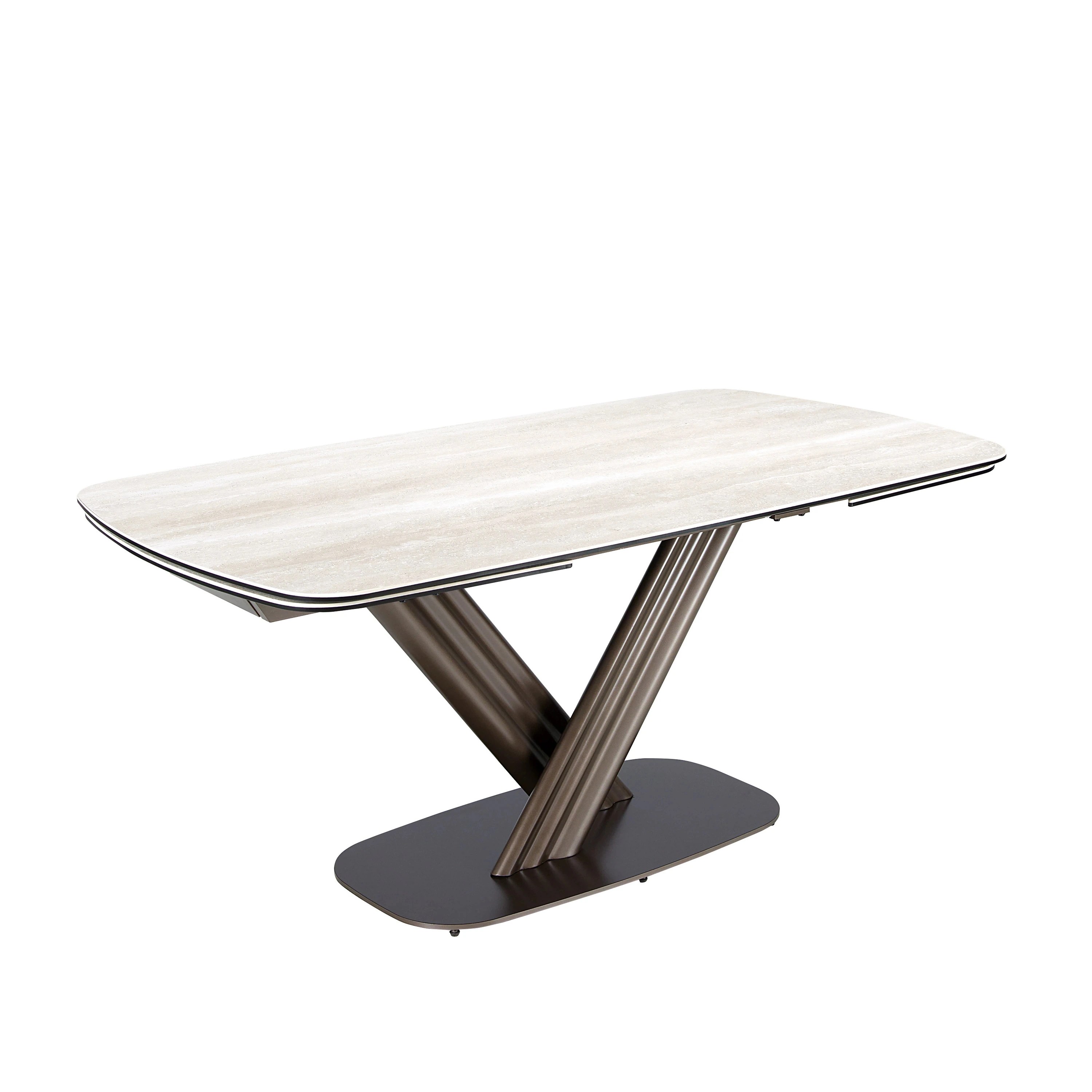 Table de salle à manger extensible ovale tonneau en marbre céramique et acier marron foncé métallisé