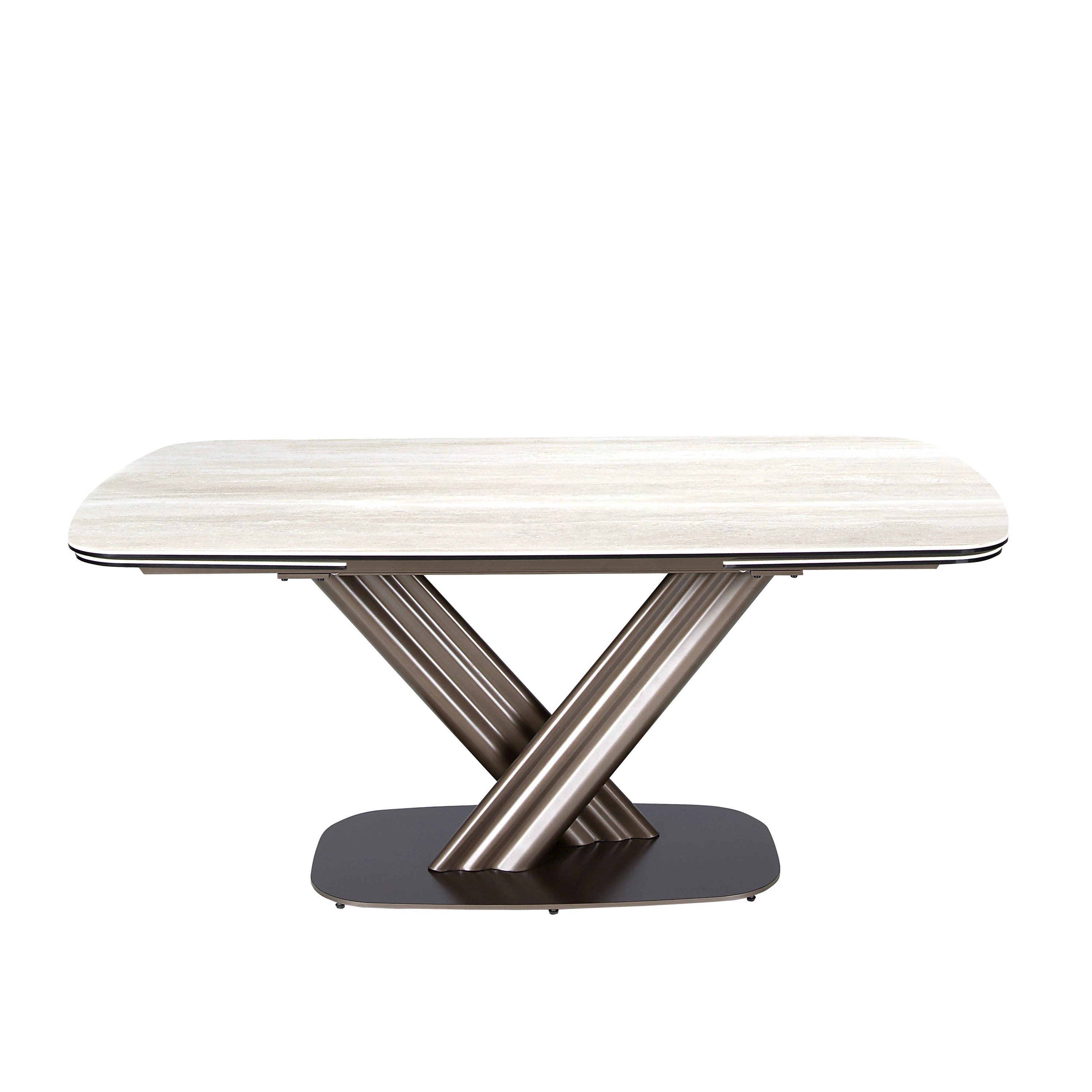 Table de salle à manger extensible ovale tonneau en marbre céramique et acier marron foncé métallisé