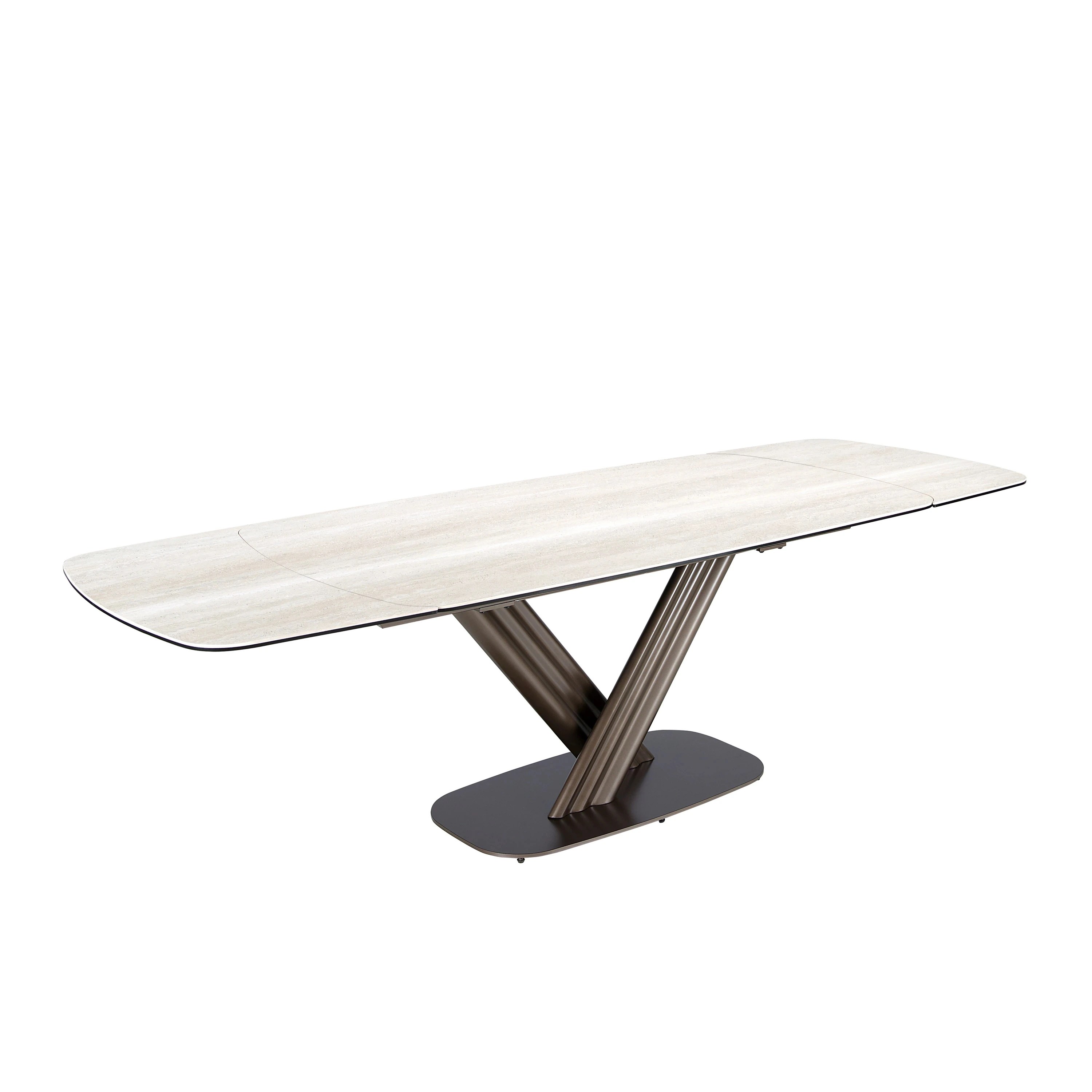 Table de salle à manger extensible ovale tonneau en marbre céramique et acier marron foncé métallisé