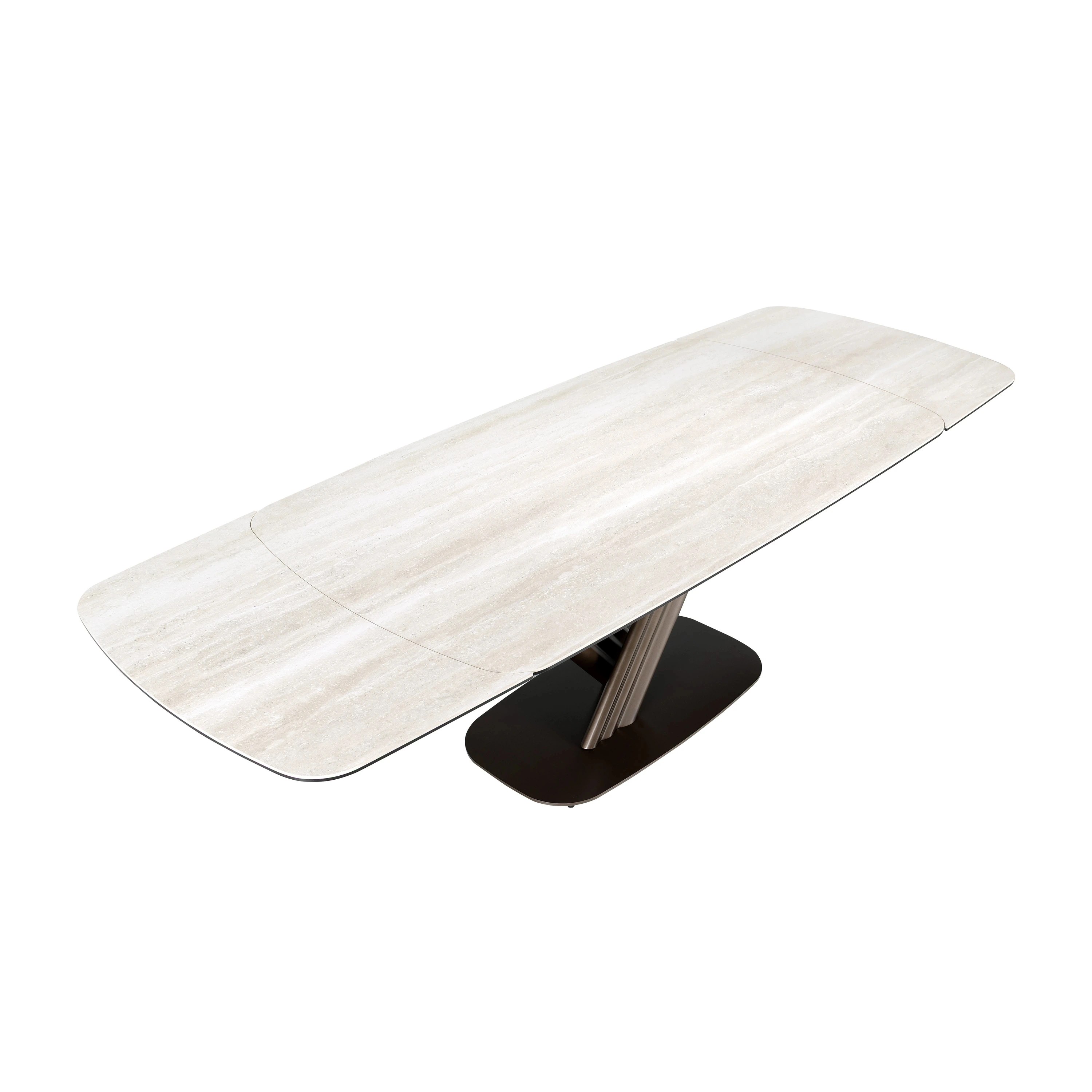 Table de salle à manger extensible ovale tonneau en marbre céramique et acier marron foncé métallisé