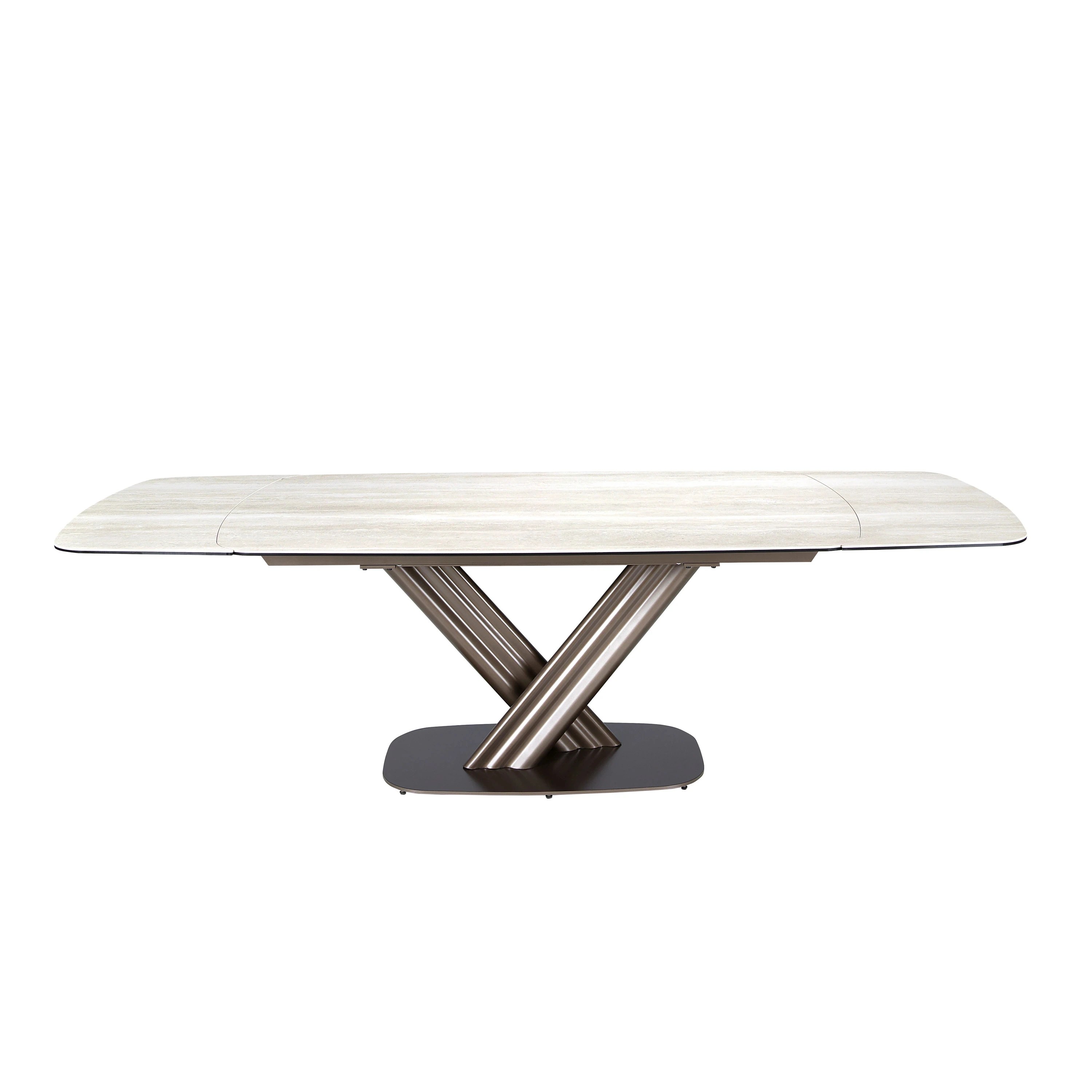 Table de salle à manger extensible ovale tonneau en marbre céramique et acier marron foncé métallisé
