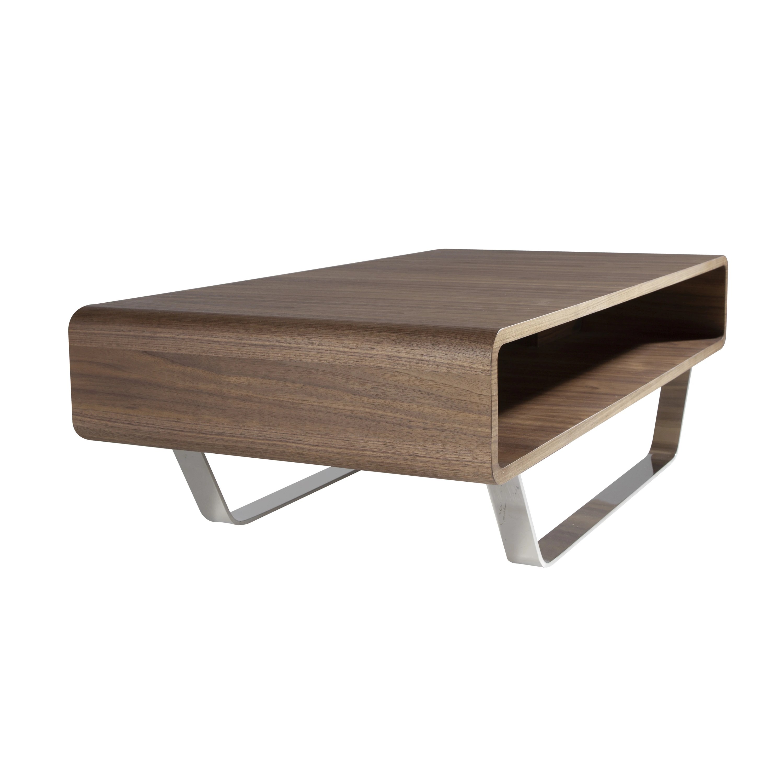 Table basse rectangulaire en noyer et acier chromé