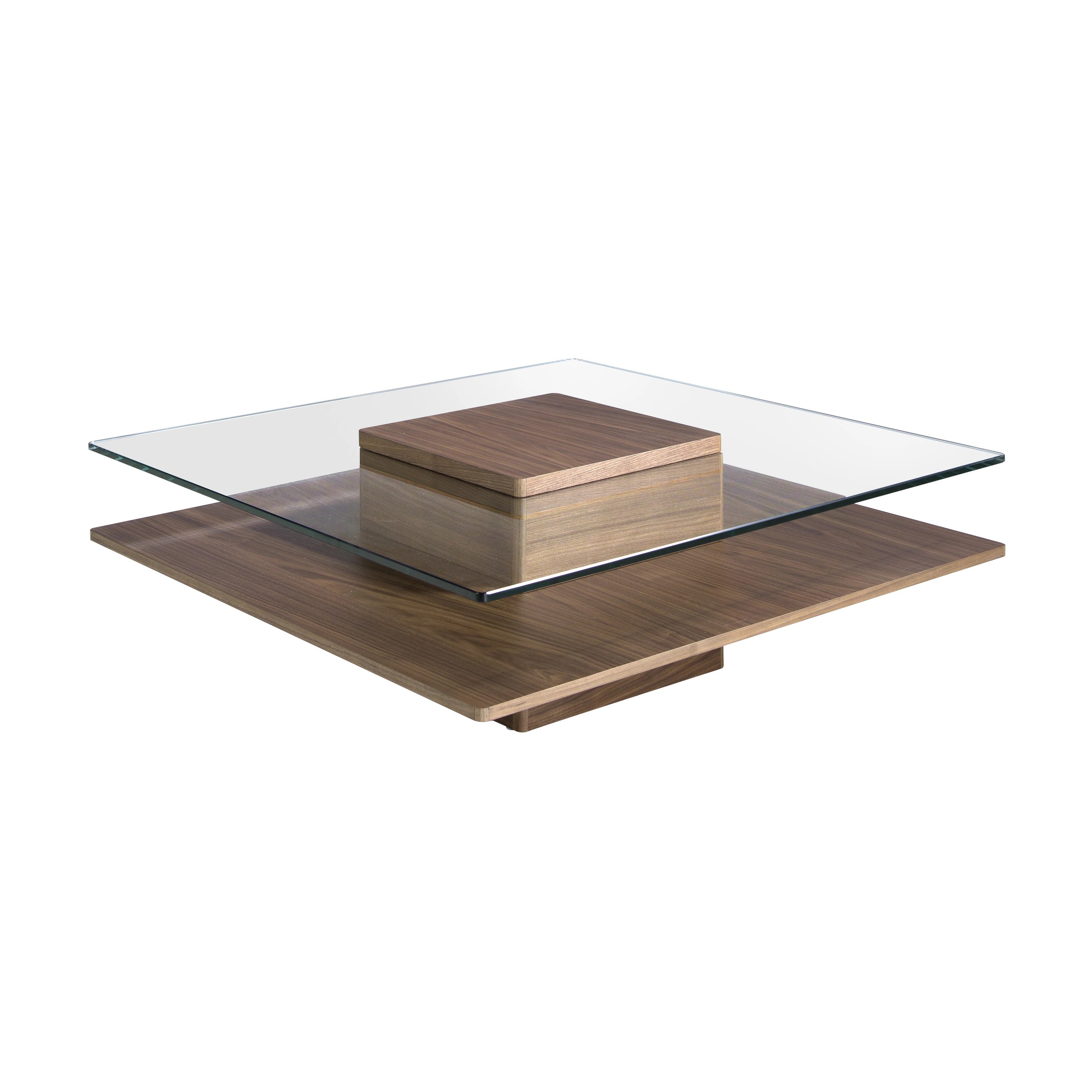 Table basse carrée en verre trempé et noyer