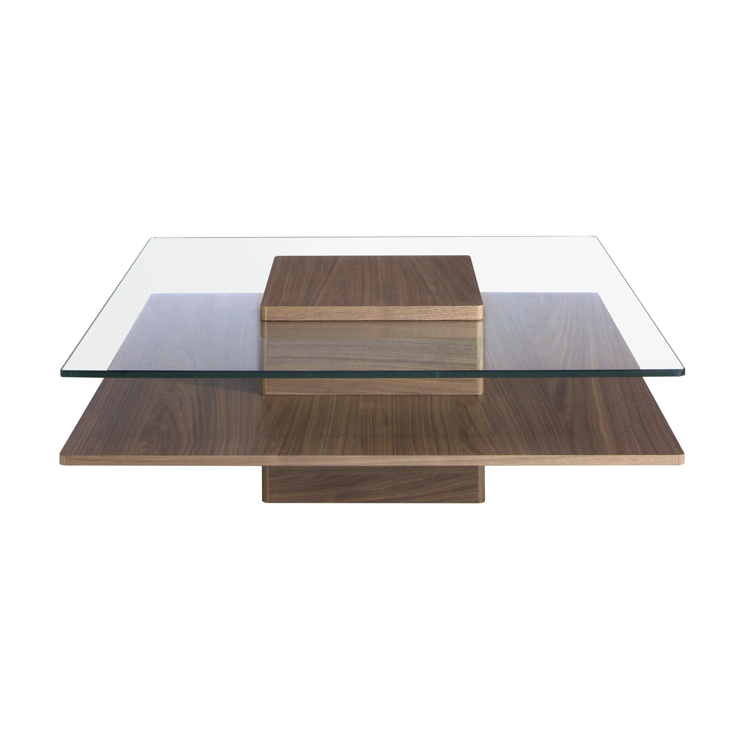 Table basse carrée en verre trempé et noyer