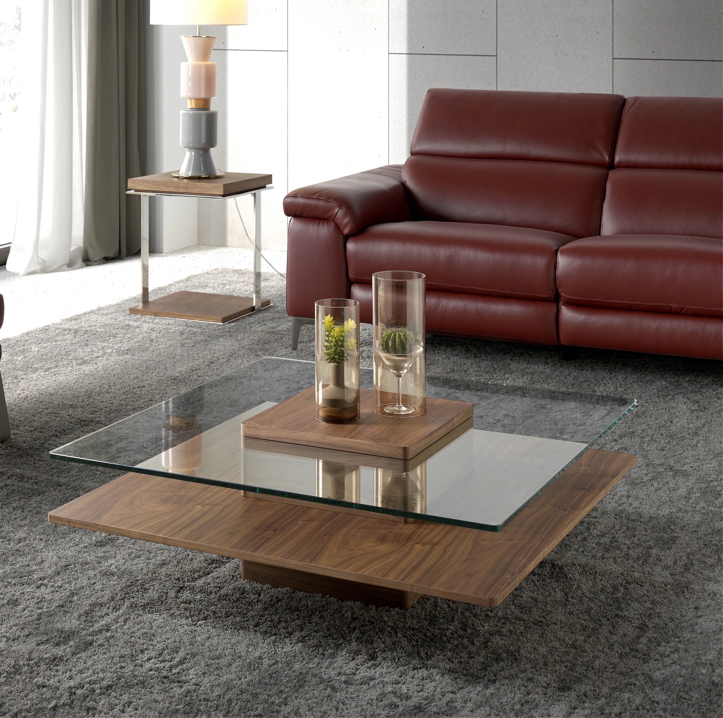 Table basse carrée en verre trempé et noyer