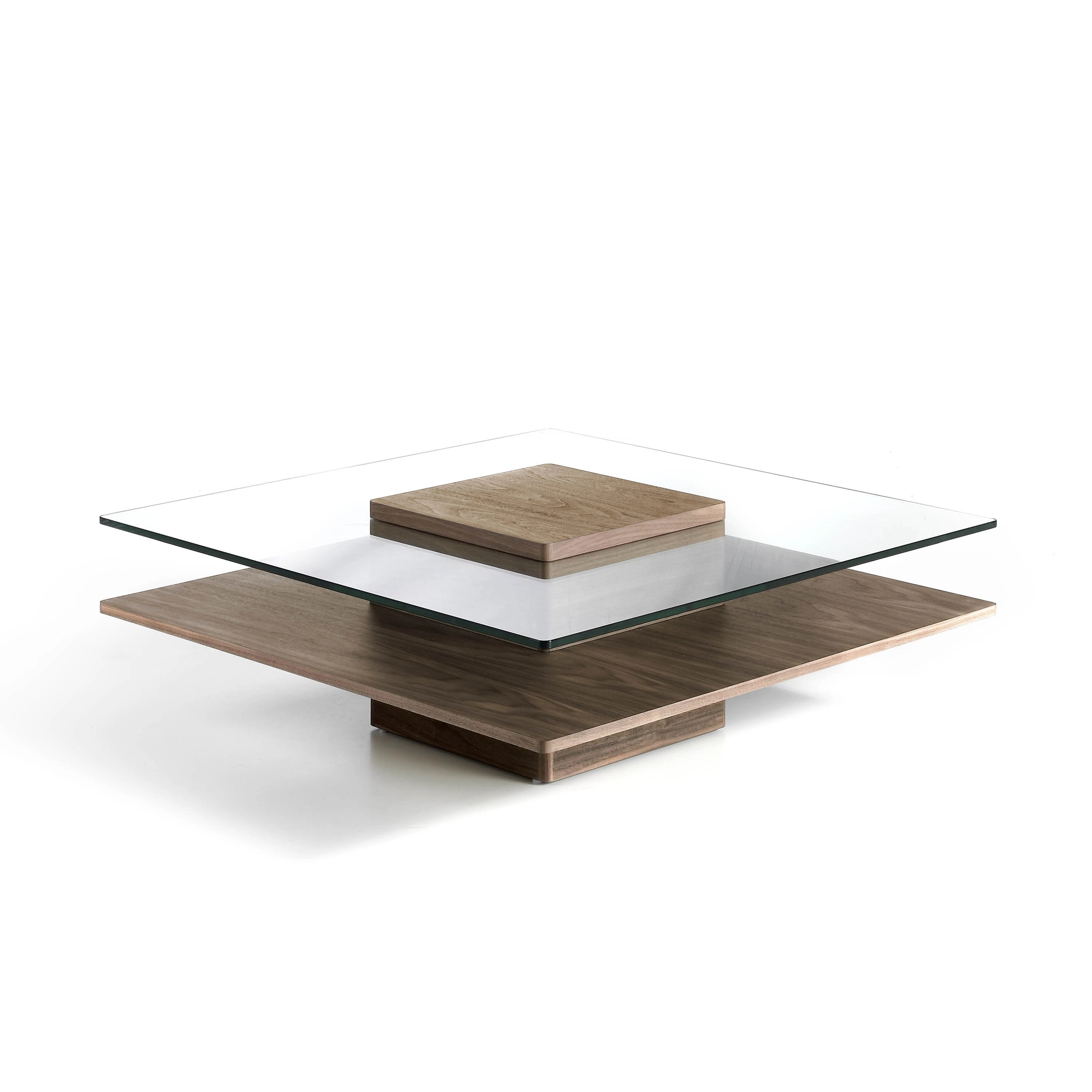 Table basse carrée en verre trempé et noyer