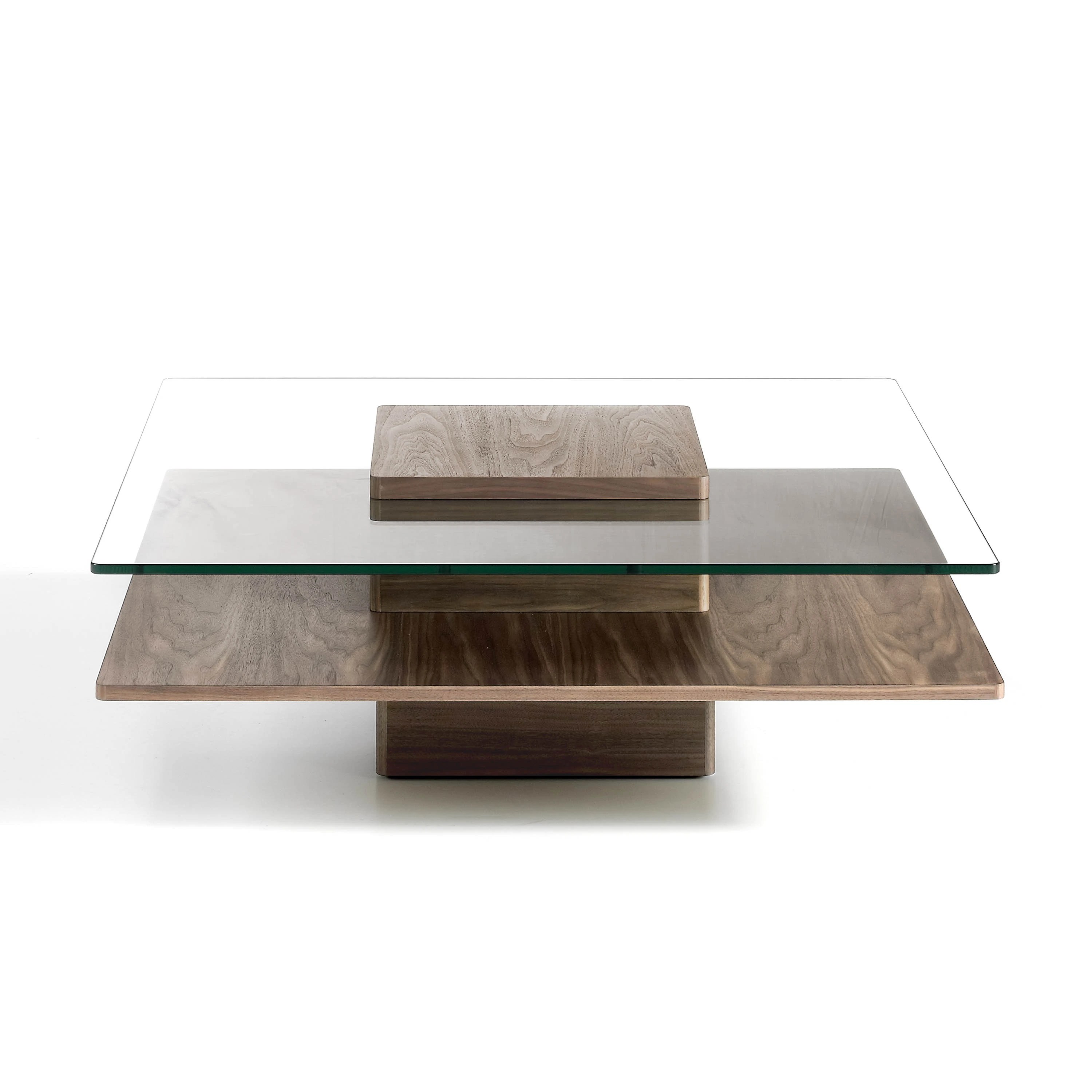 Table basse carrée en verre trempé et noyer