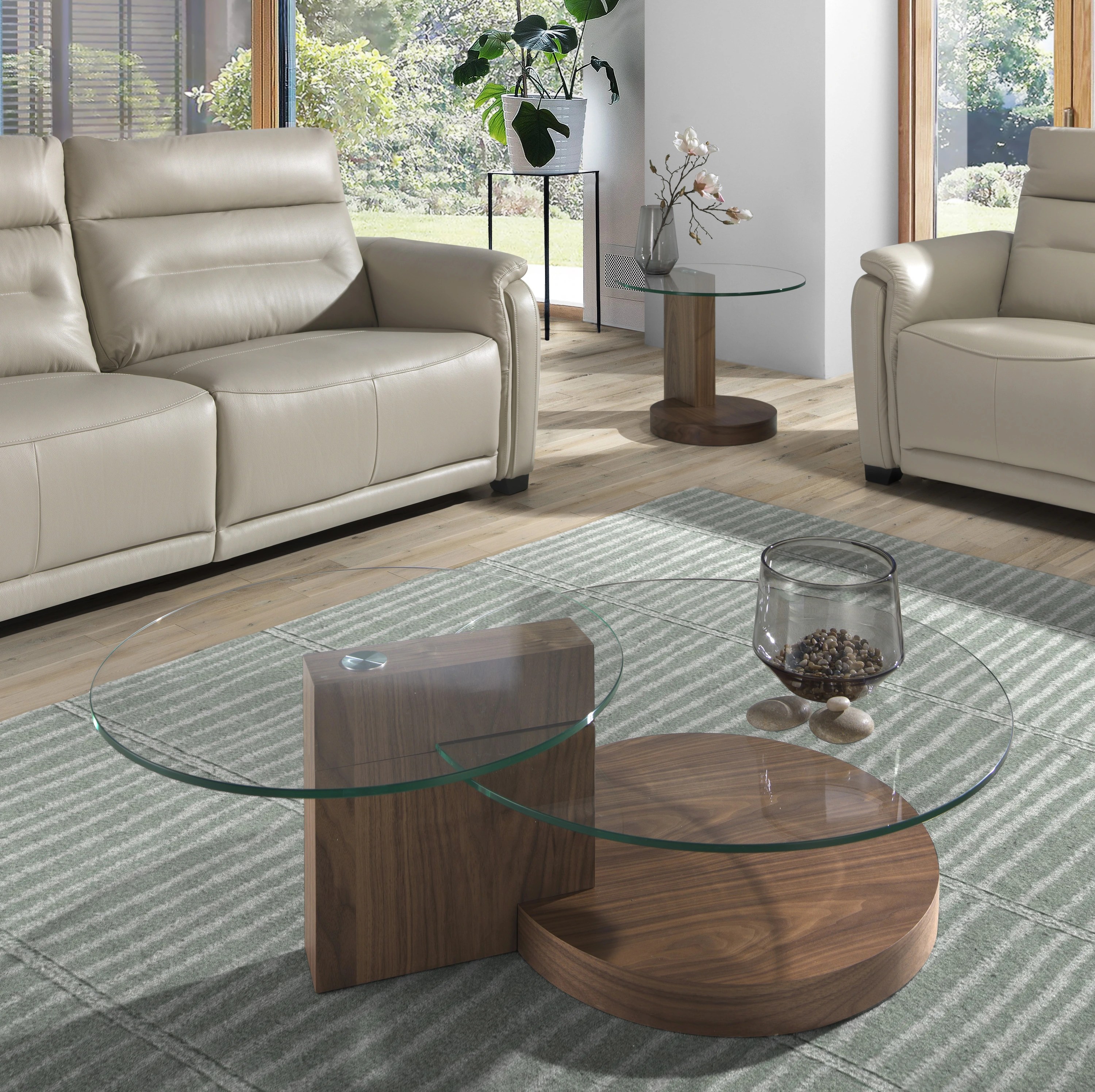 Table basse ronde en verre trempé et noyer