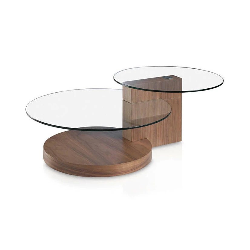 Table basse ronde en verre trempé et noyer