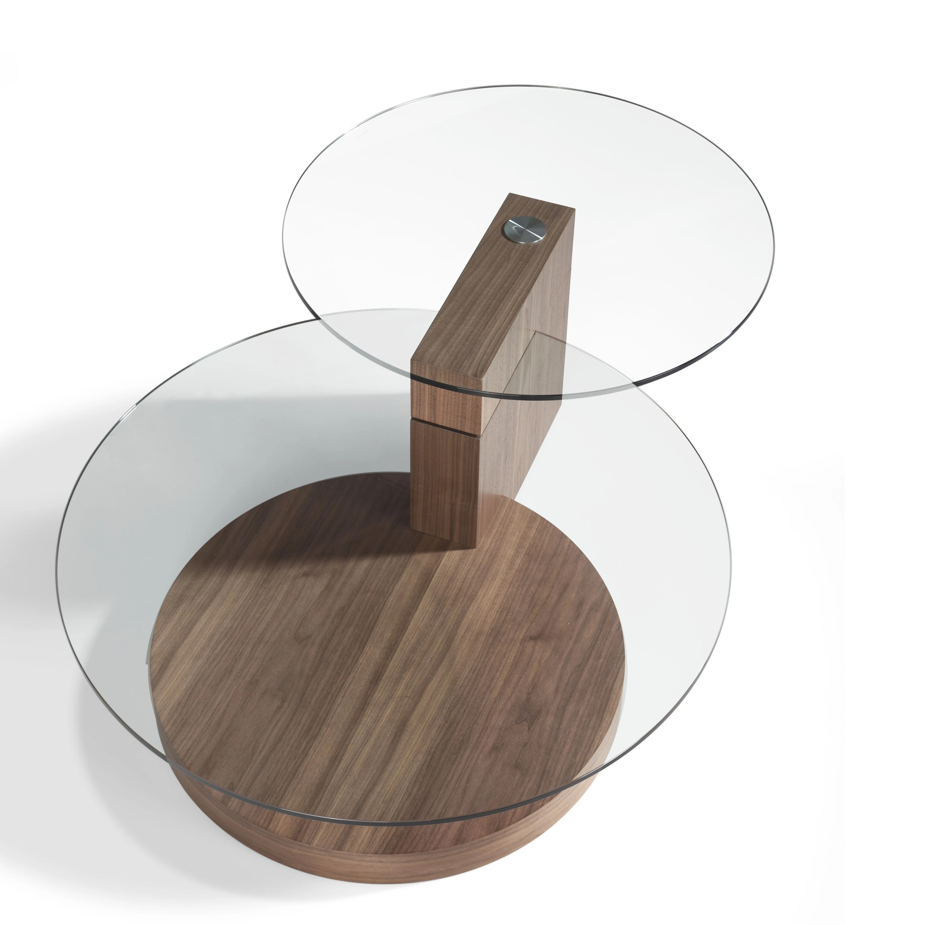 Table basse ronde en verre trempé et noyer