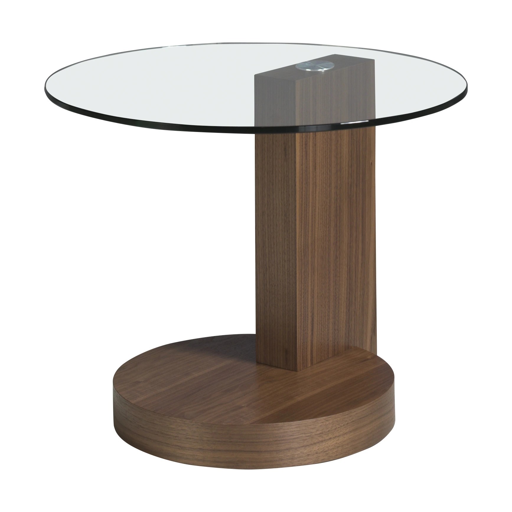 Table d'angle ronde en verre trempé et noyer