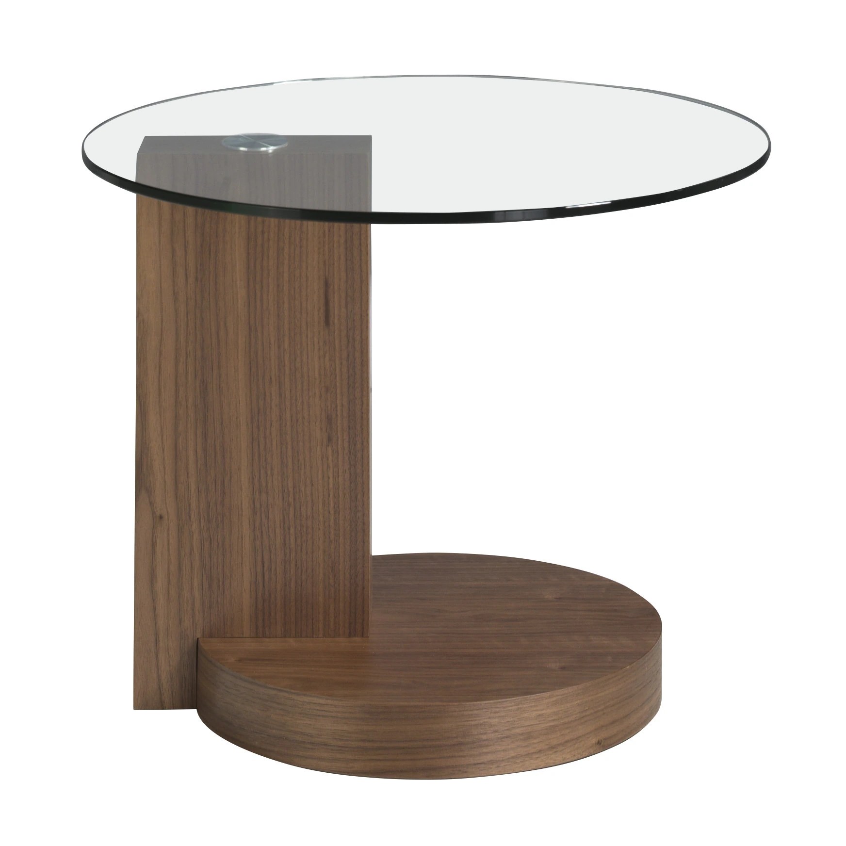 Table d'angle ronde en verre trempé et noyer