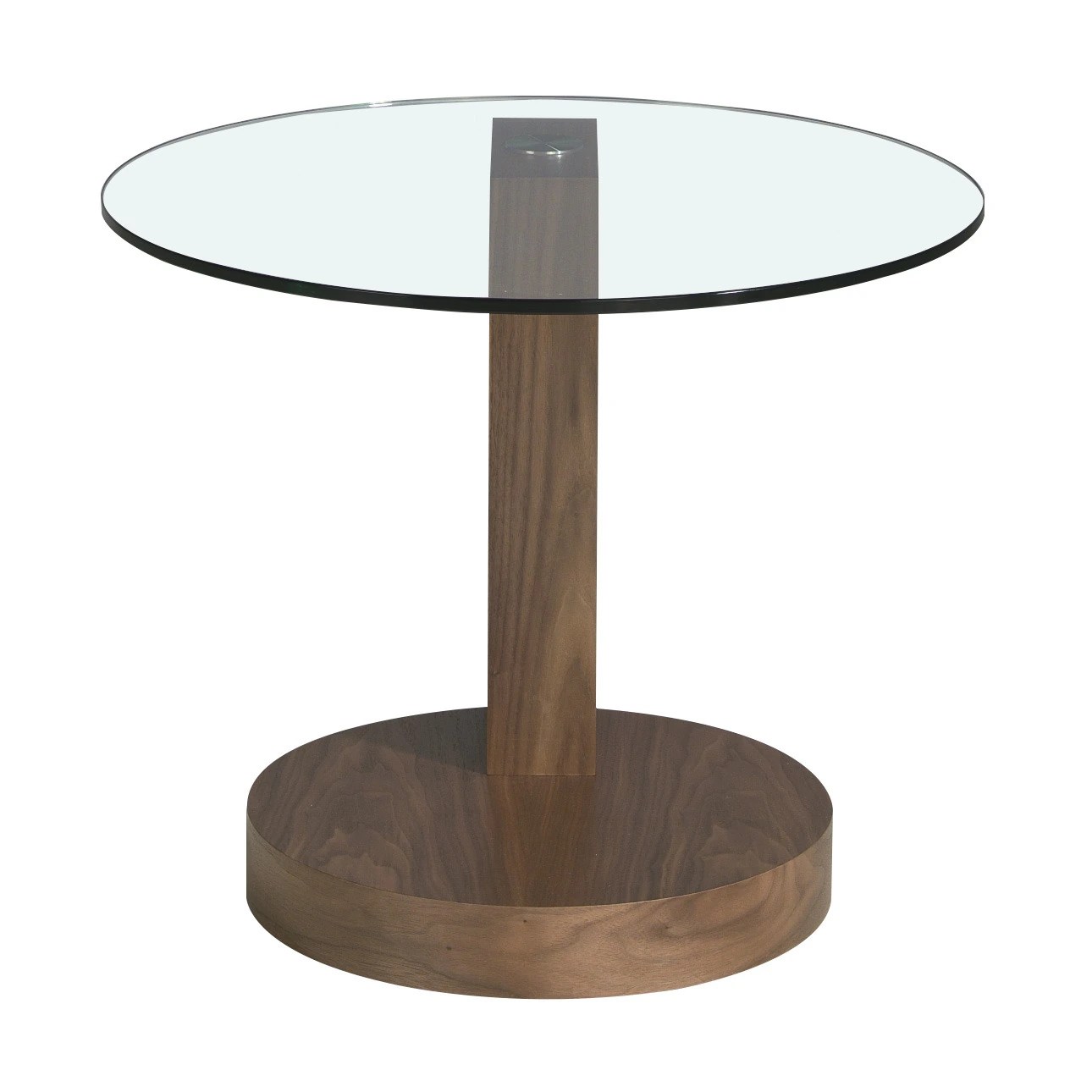 Table d'angle ronde en verre trempé et noyer