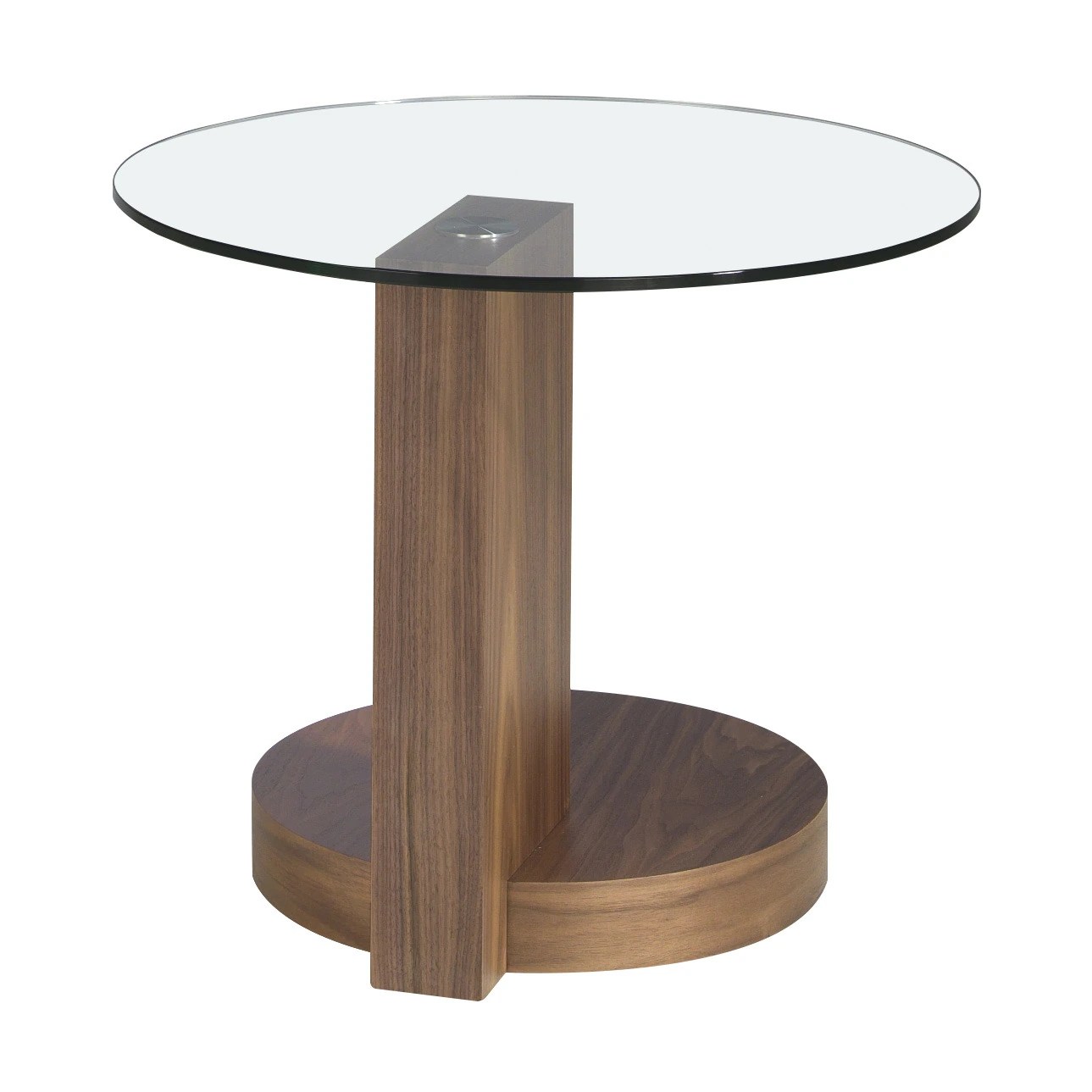 Table d'angle ronde en verre trempé et noyer