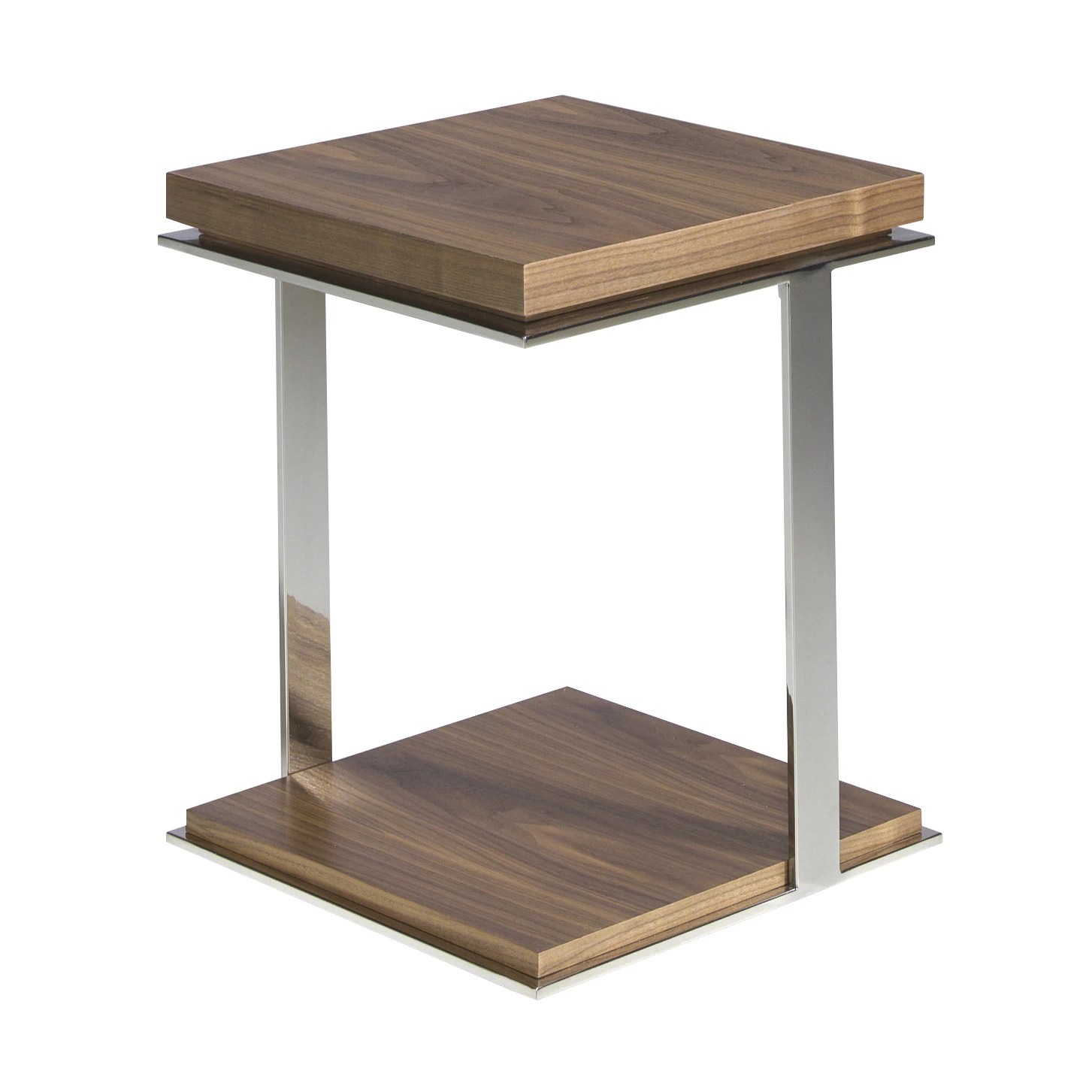 Table d'angle carrée en noyer et acier chromé