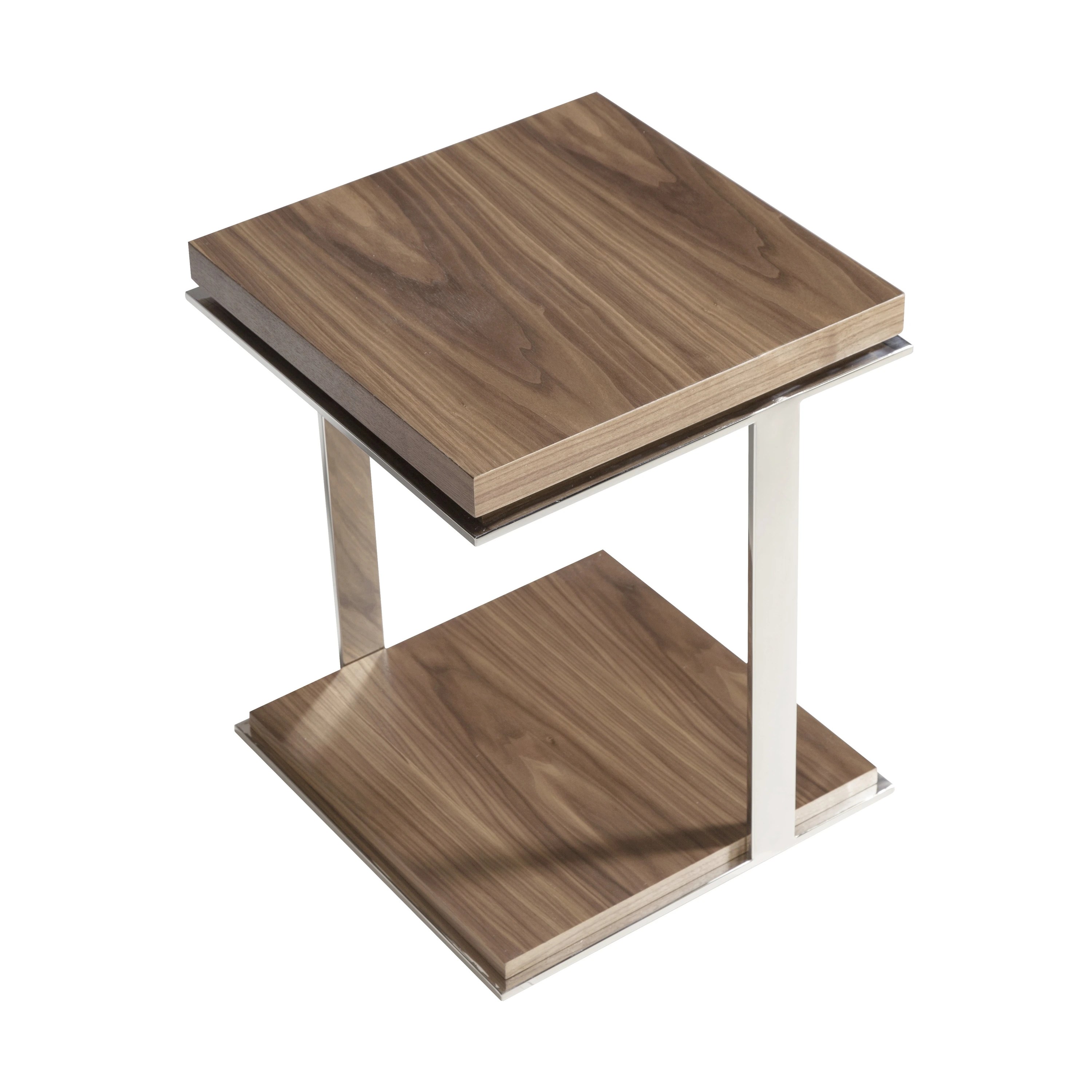 Table d'angle carrée en noyer et acier chromé