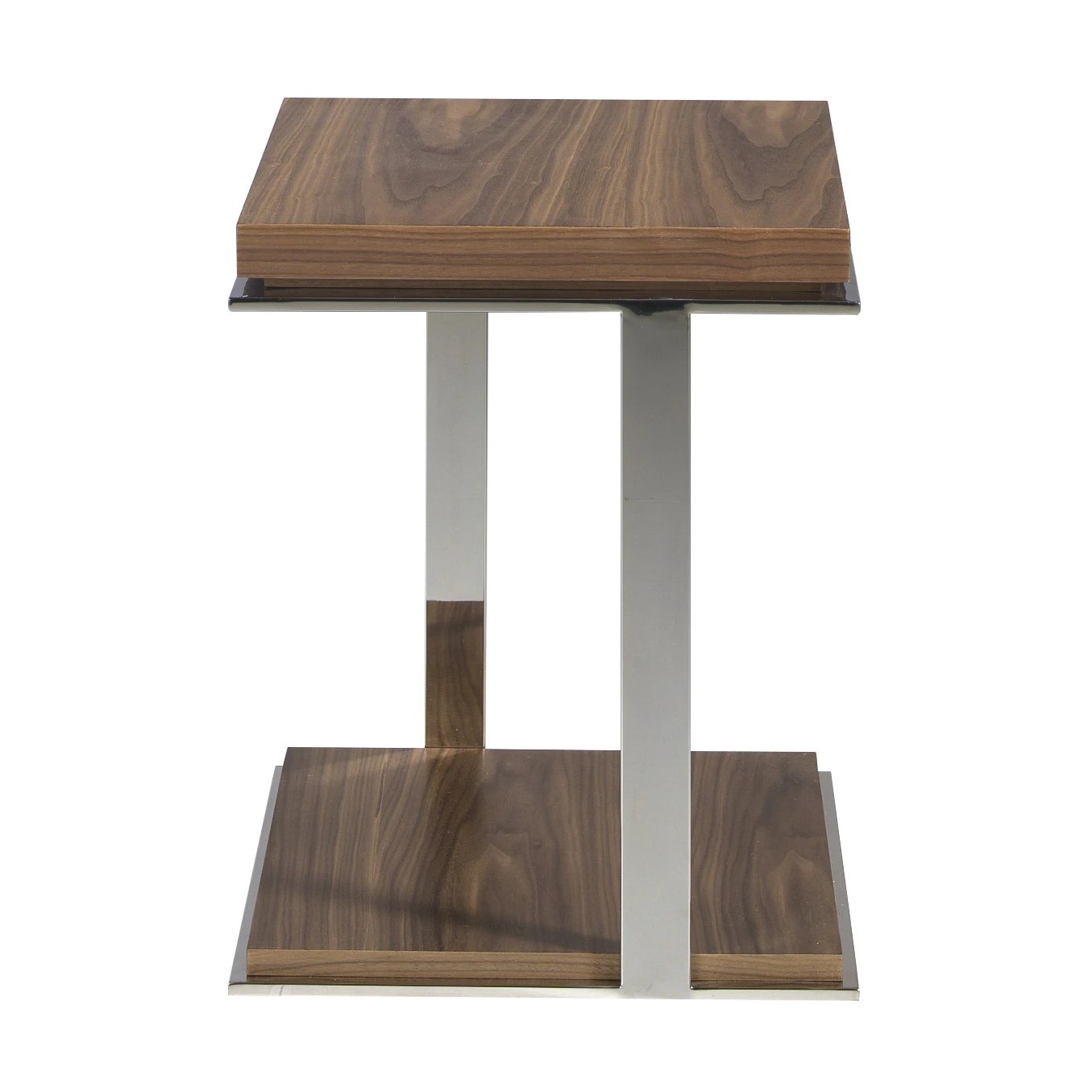Table d'angle carrée en noyer et acier chromé