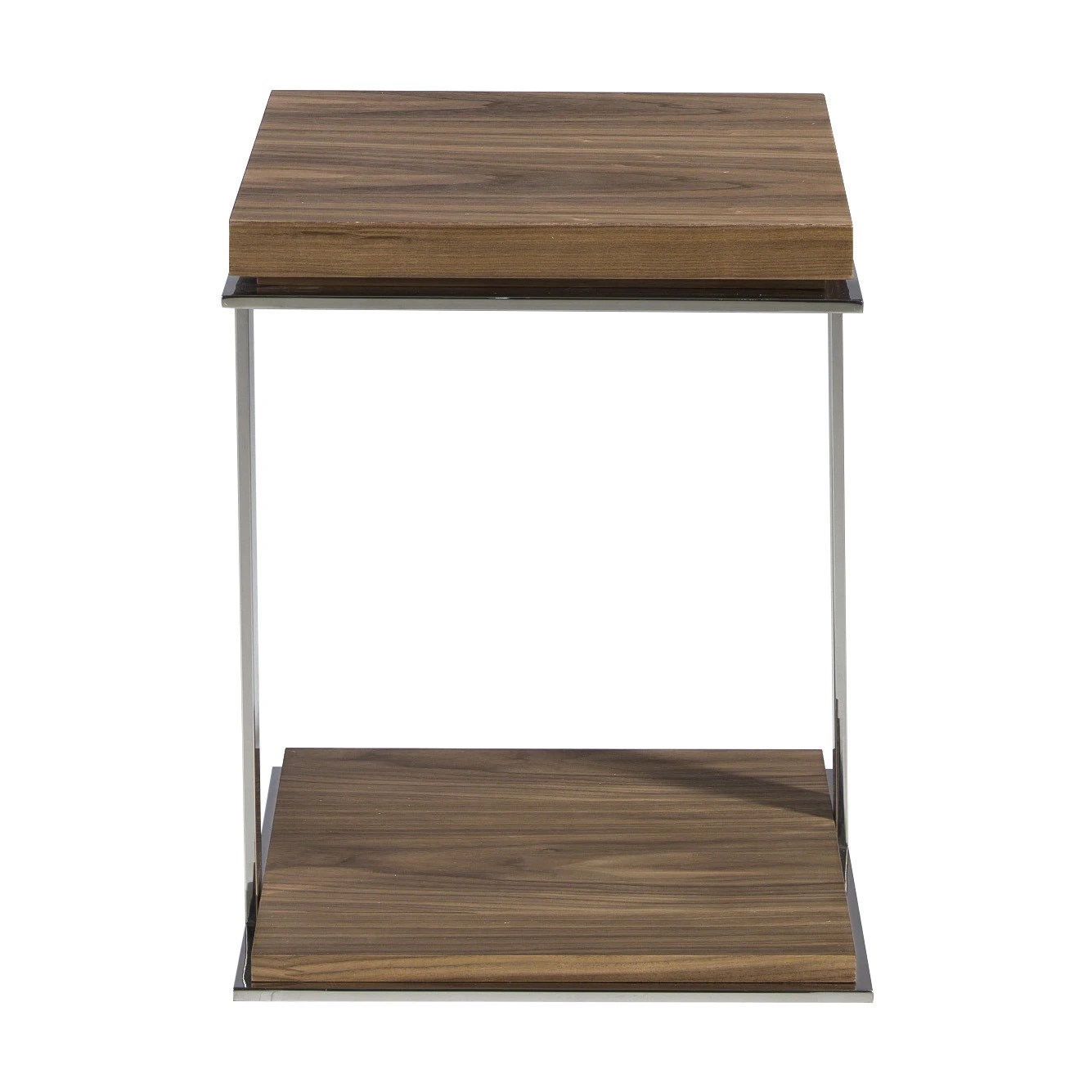 Table d'angle carrée en noyer et acier chromé