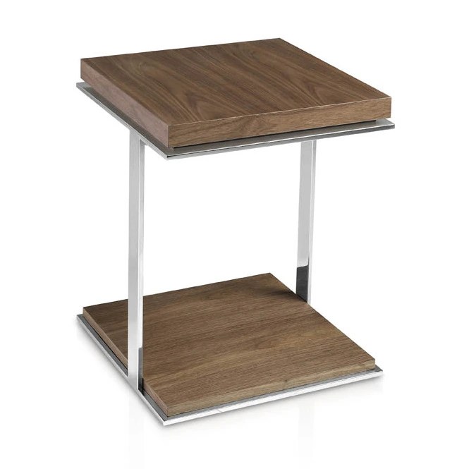 Table d'angle carrée en noyer et acier chromé