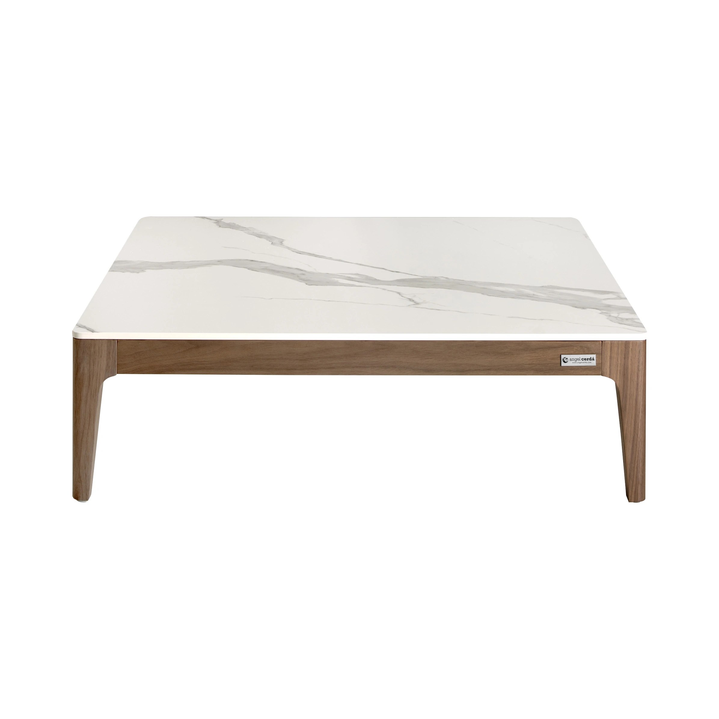 Table basse carrée en porcelaine, marbre et noyer