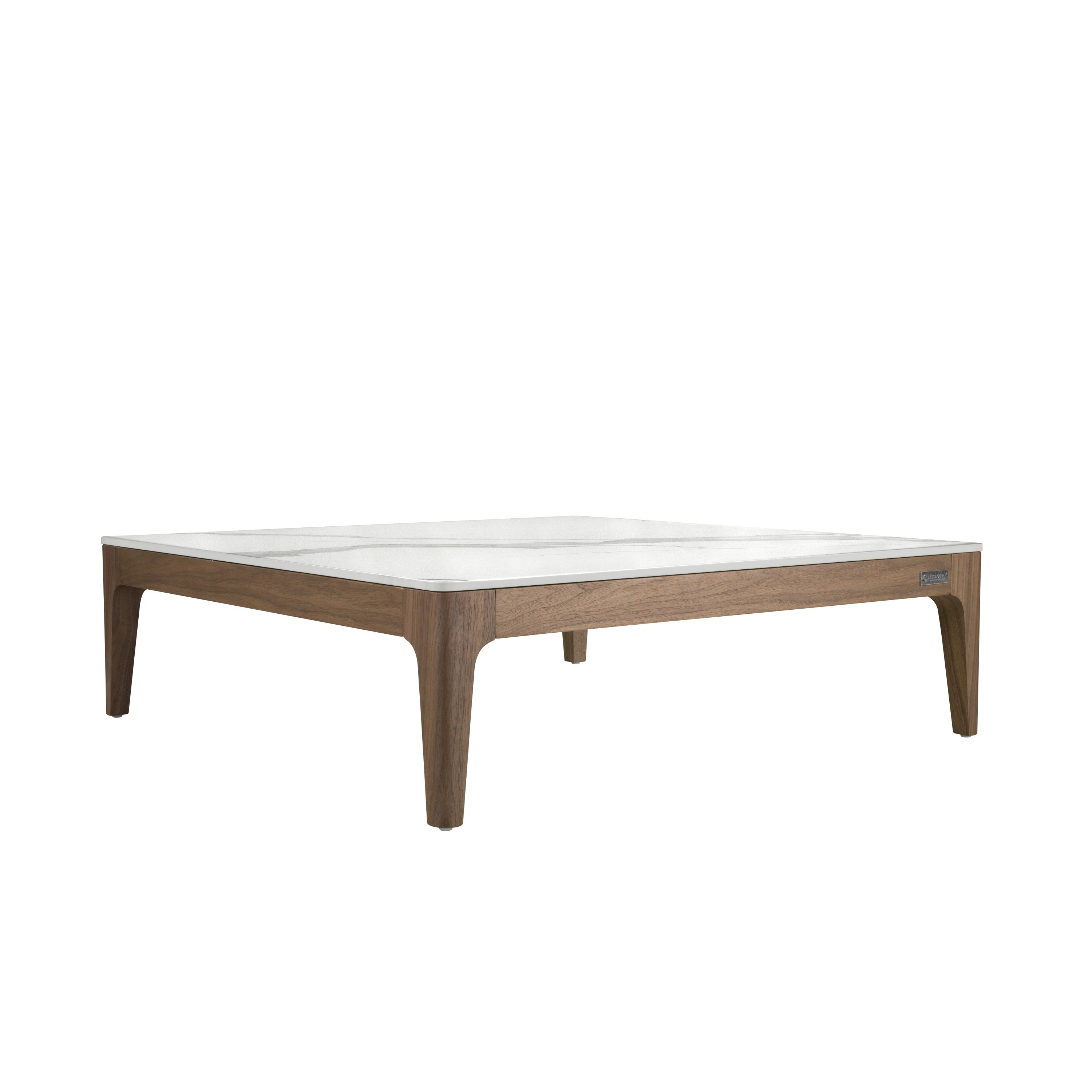 Table basse carrée en porcelaine, marbre et noyer