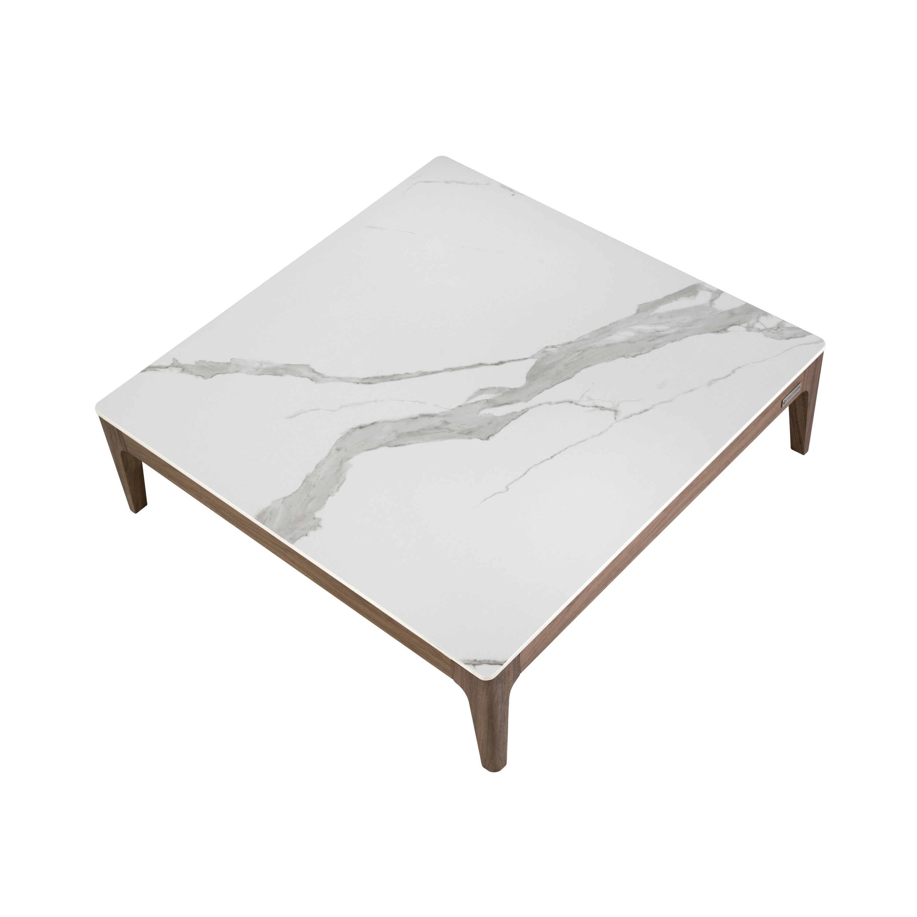 Table basse carrée en porcelaine, marbre et noyer